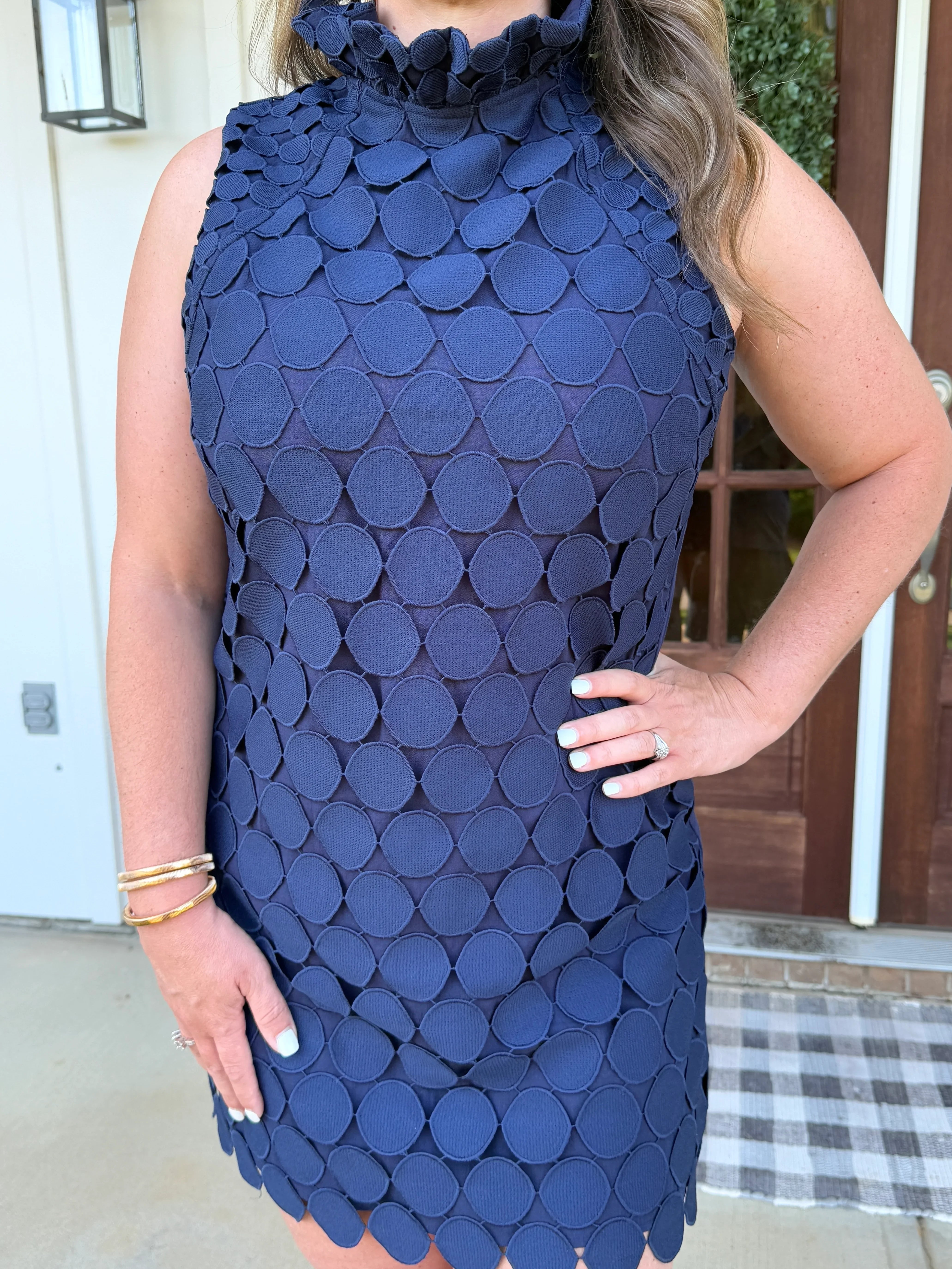 QUINN Sleeveless Polka Dot Lace Dress (Navy) - Sassy and Southern