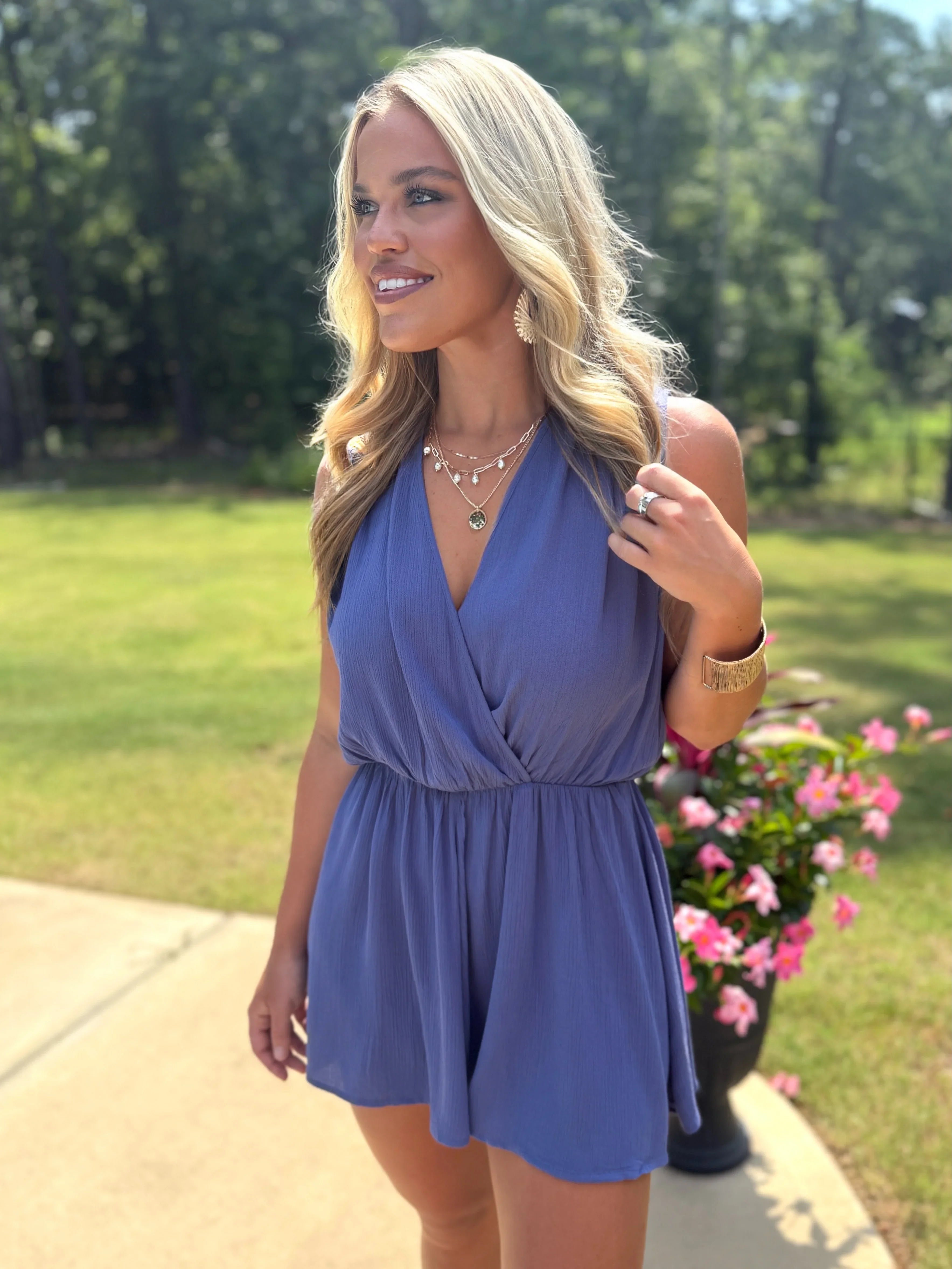 GIANNA Draped Romper (Blue) - Sassy and Southern