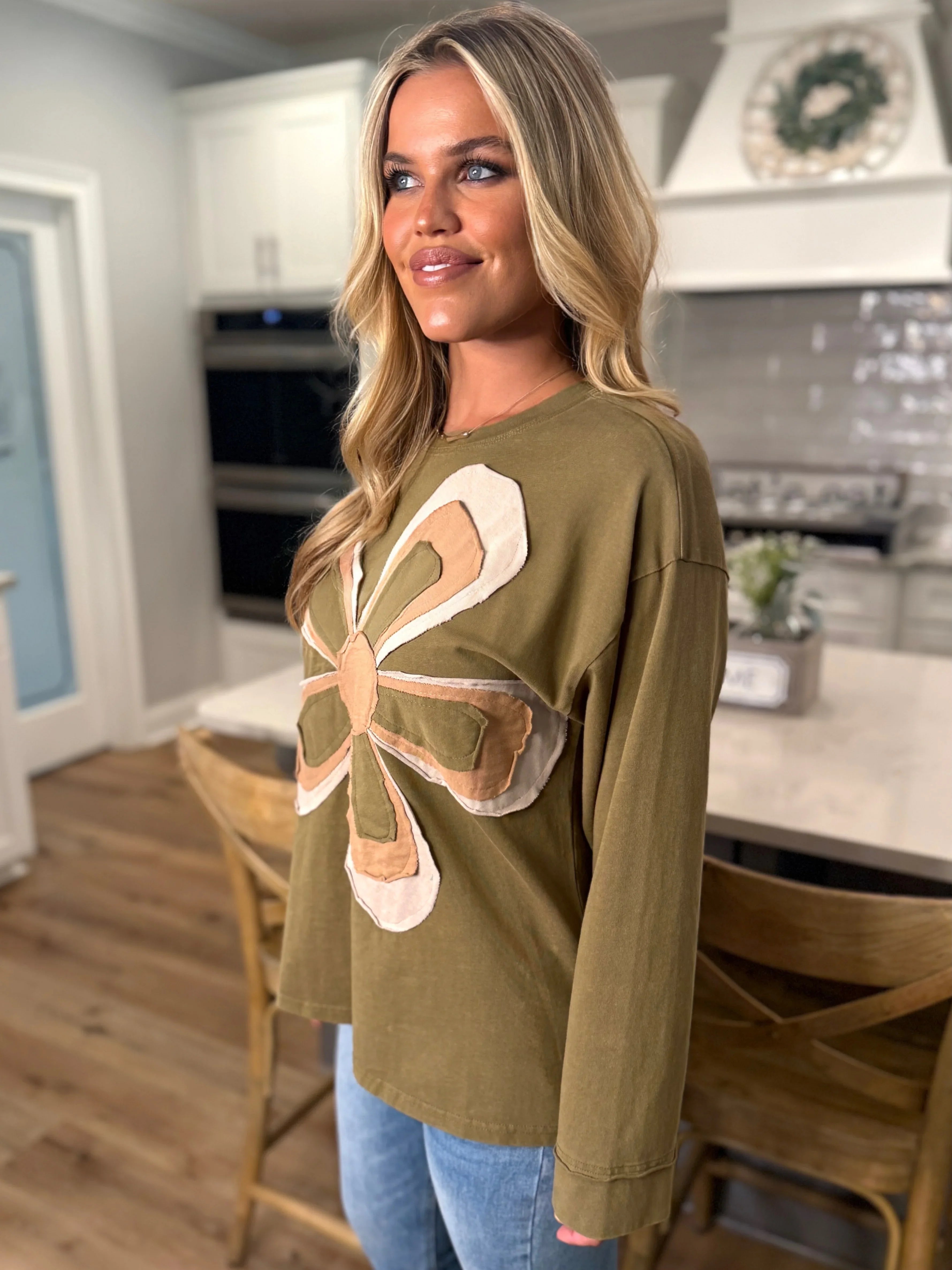 EMMA Oversized Olive Flower Patch Top - Sassy and Southern