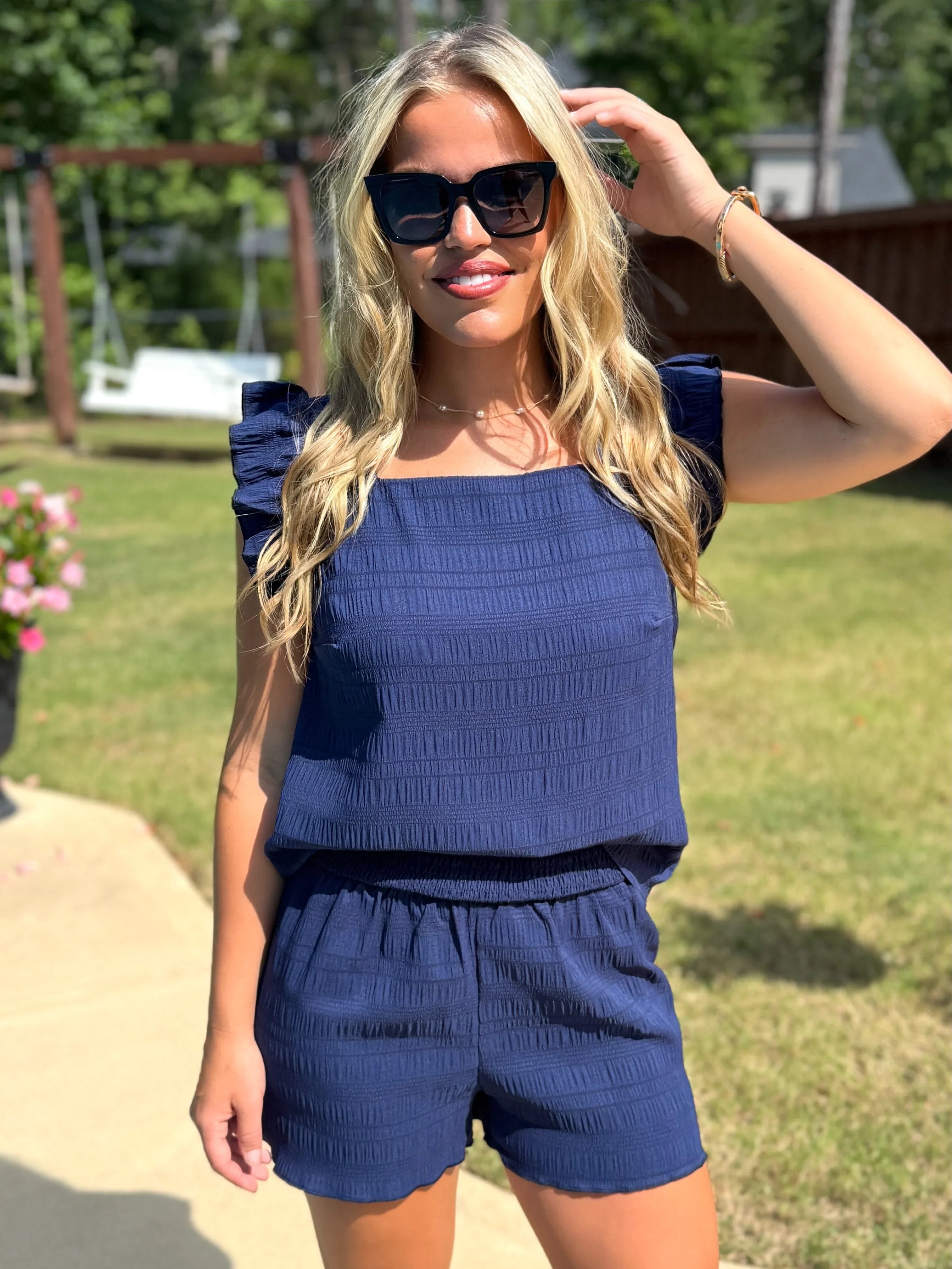 MILLIE Navy Textured Top/Shorts Set - Sassy and Southern