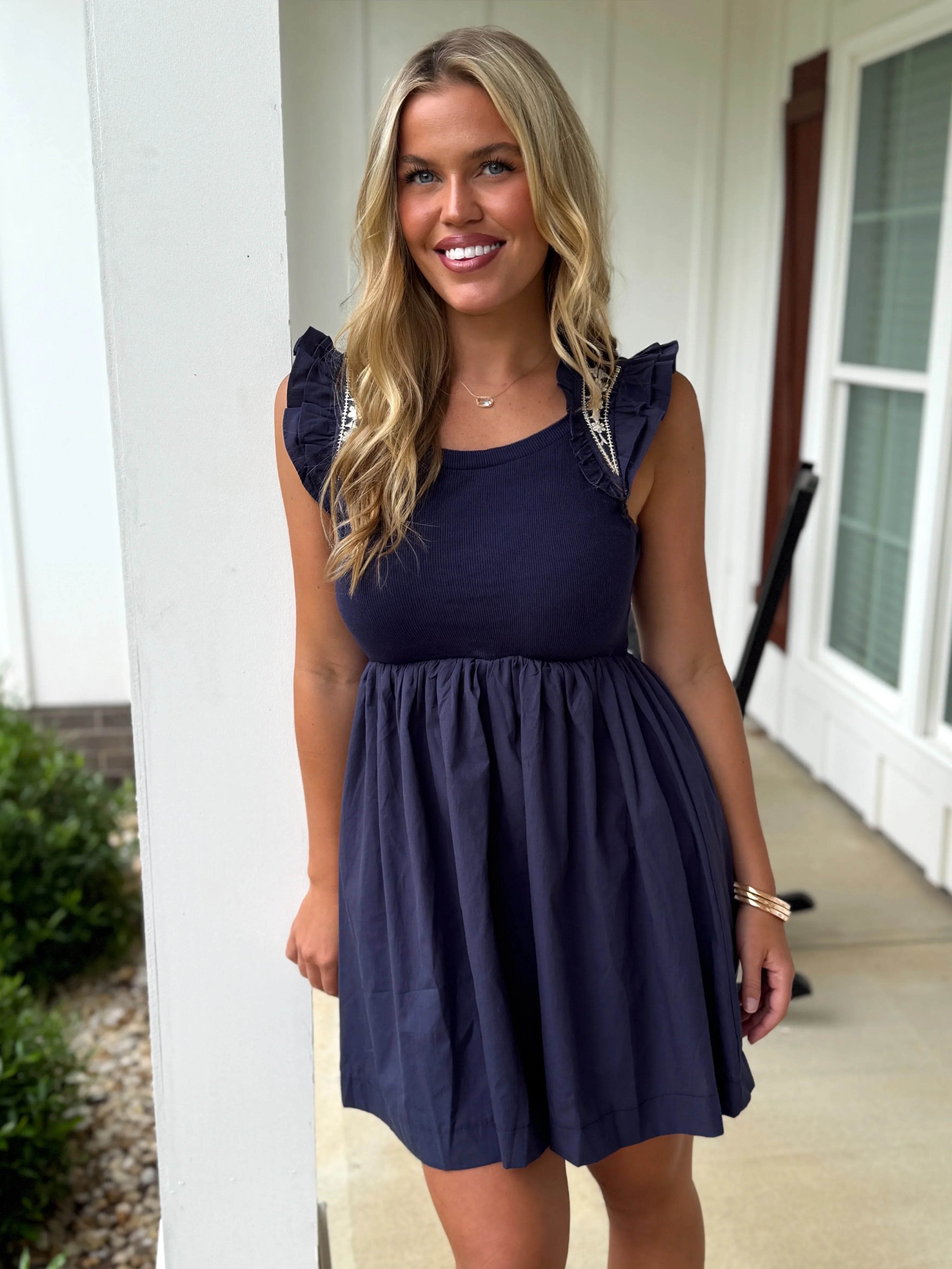 GRACE Embroidered Sleeve Ruffle Dress (Navy) - Sassy and Southern