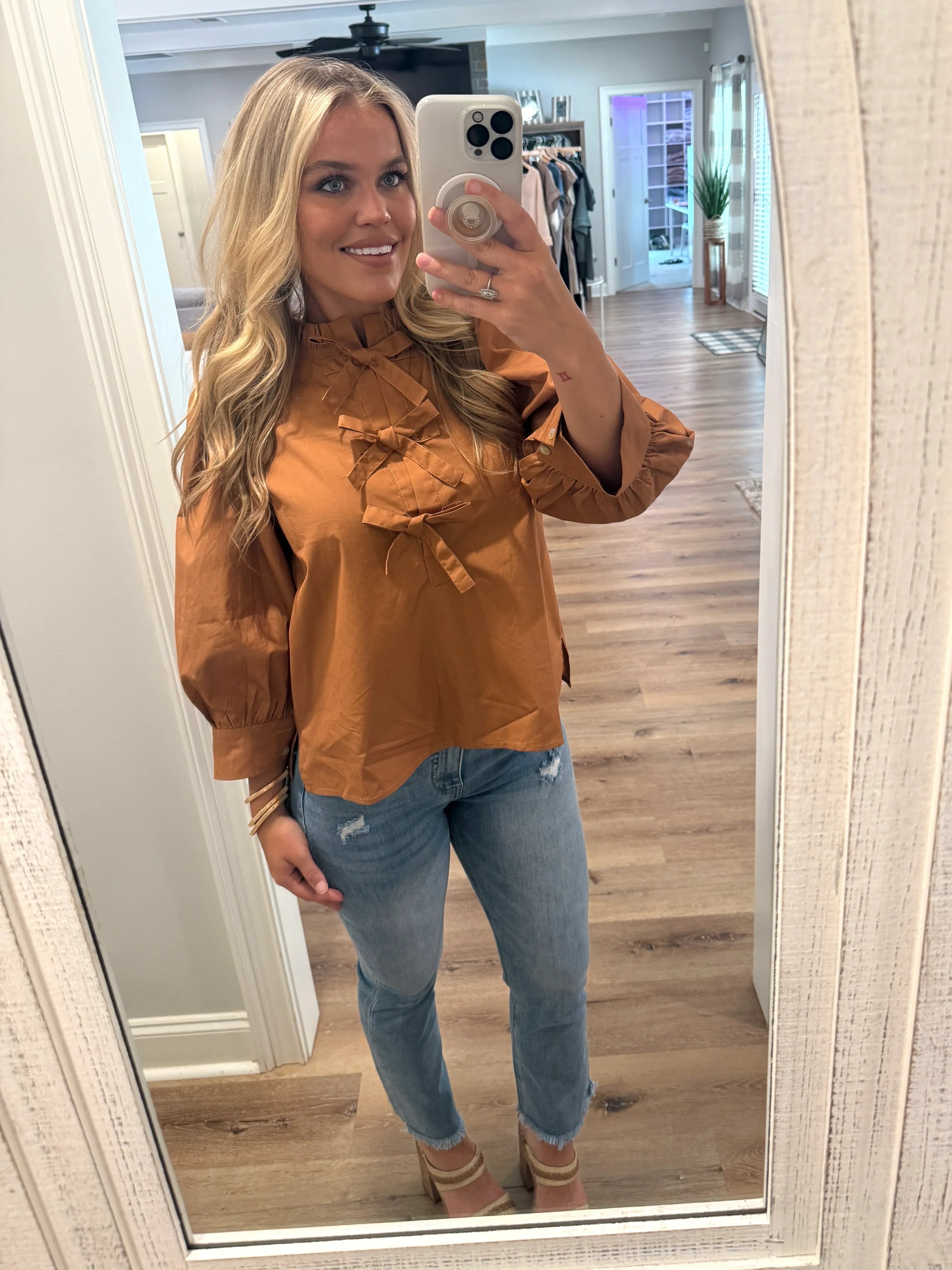 MARGARET Dressy Blouse With Bow Center (Toffee) - Sassy and Southern