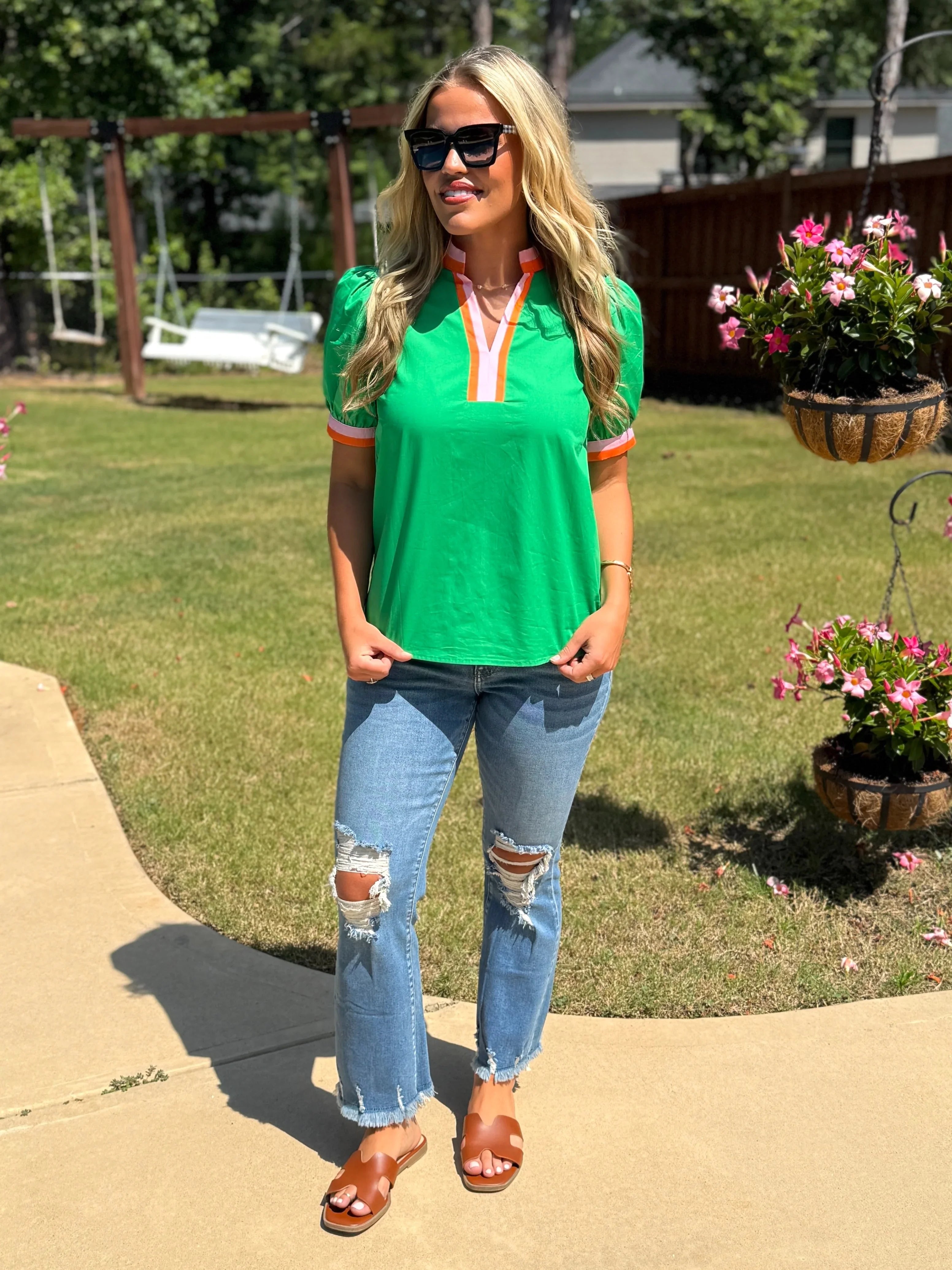LENNON Green Top With Striped Sleeves/Neck - Sassy and Southern