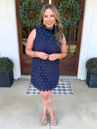 QUINN Sleeveless Polka Dot Lace Dress (Navy) - Sassy and Southern