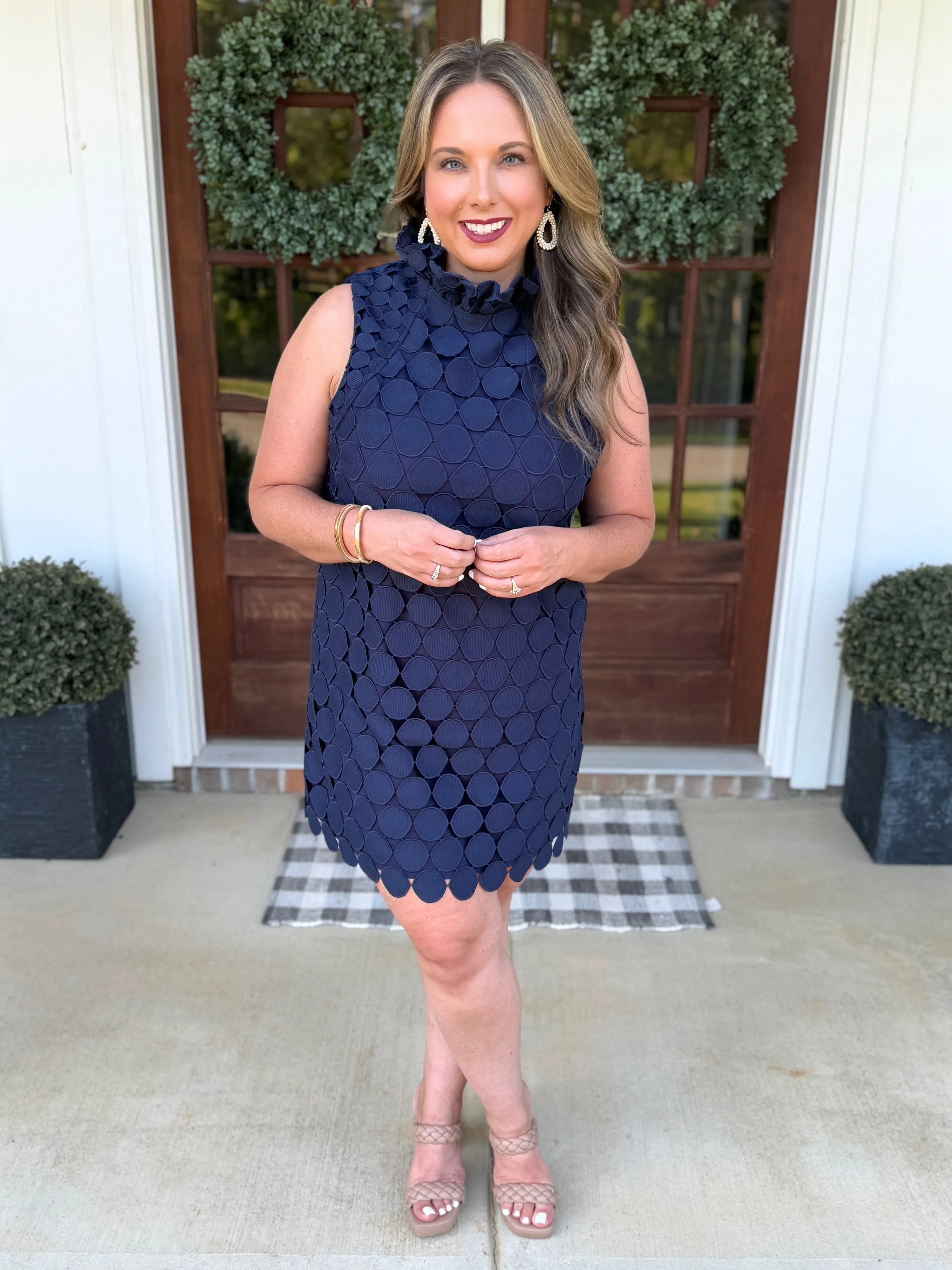 QUINN Sleeveless Polka Dot Lace Dress (Navy) - Sassy and Southern