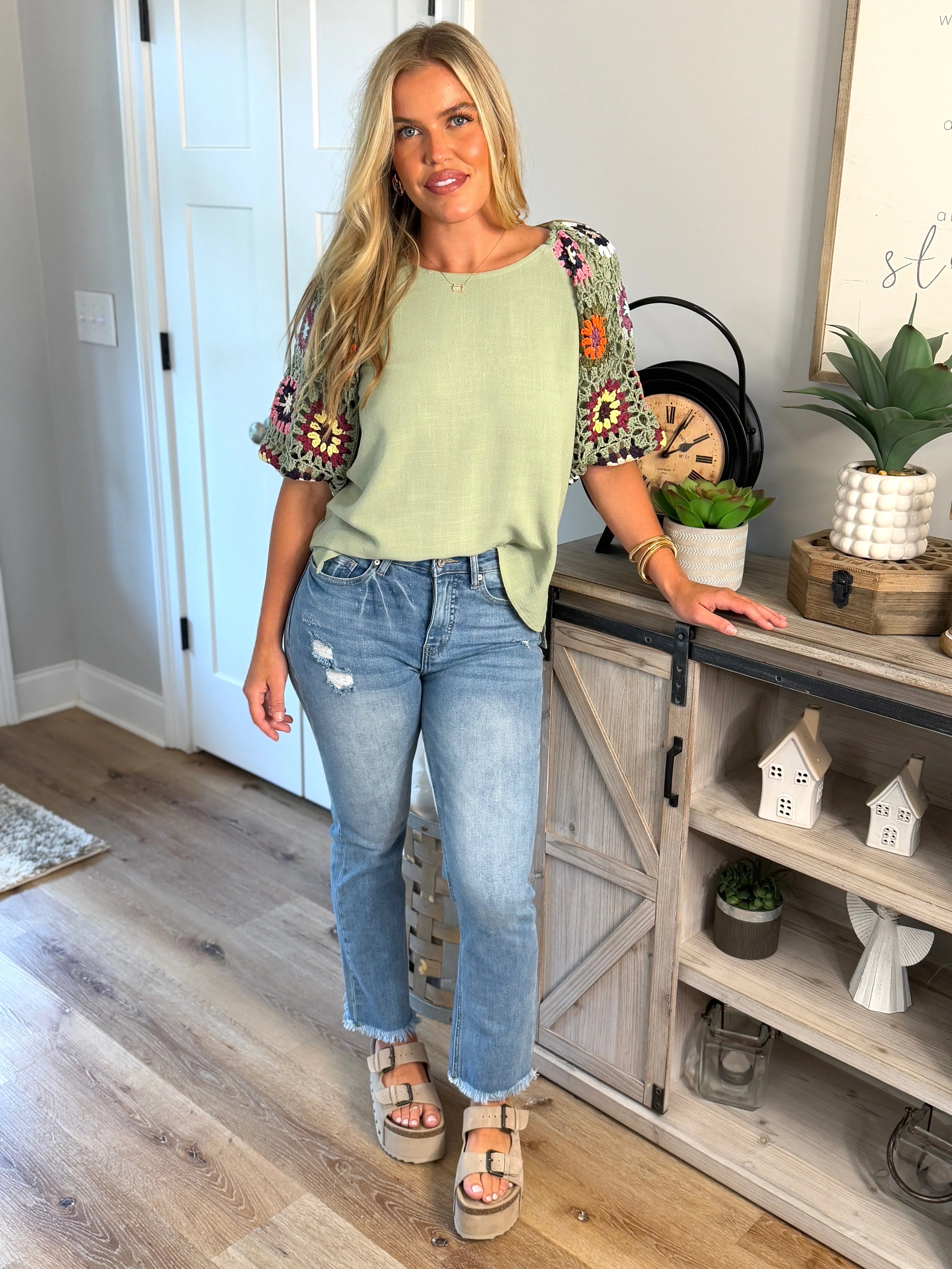 JANE Crochet Sleeve Top (Sage) - Sassy and Southern