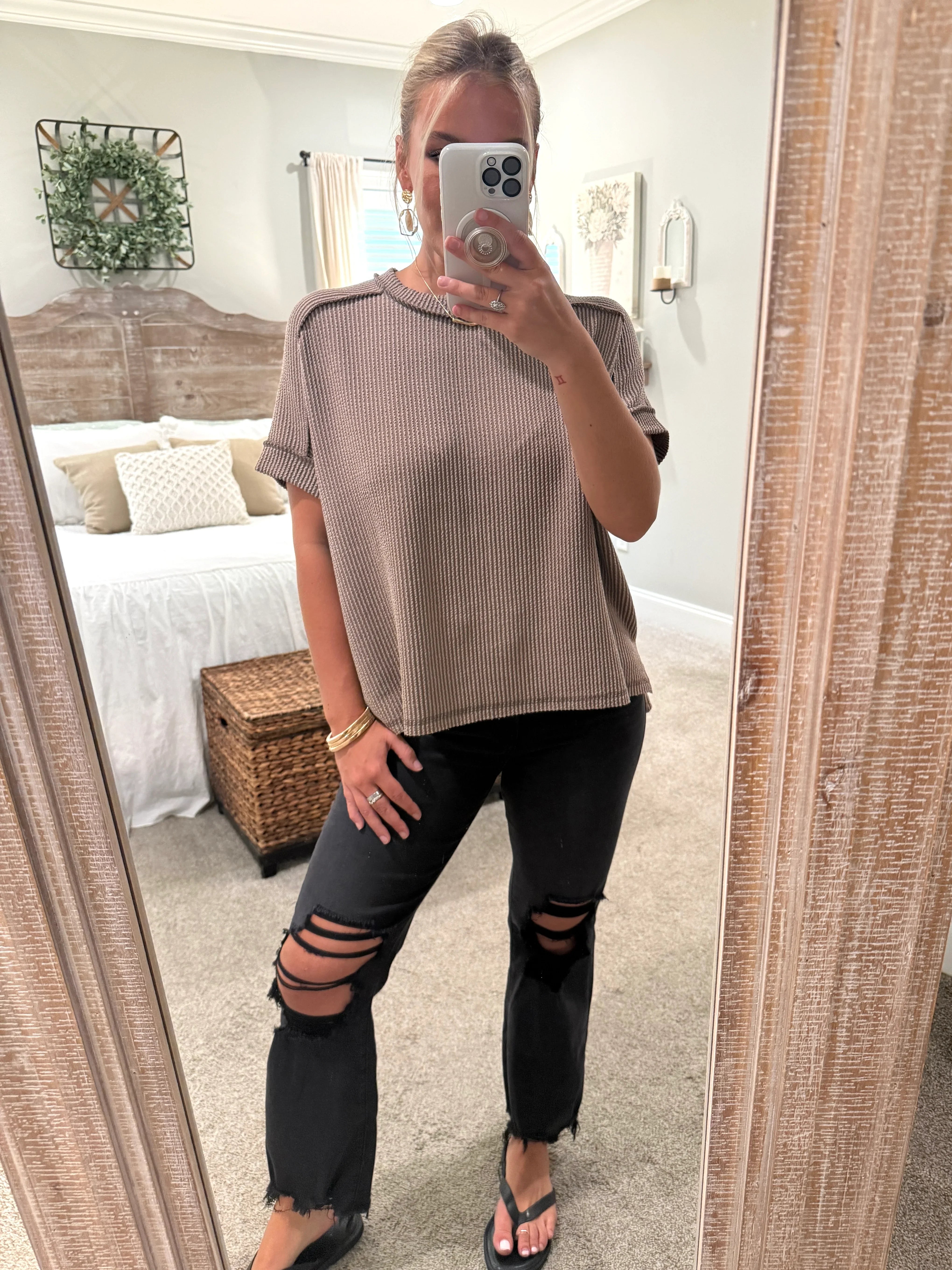 ARIA Corded Raw Edge Top (Mocha) (S-3X) - Sassy and Southern