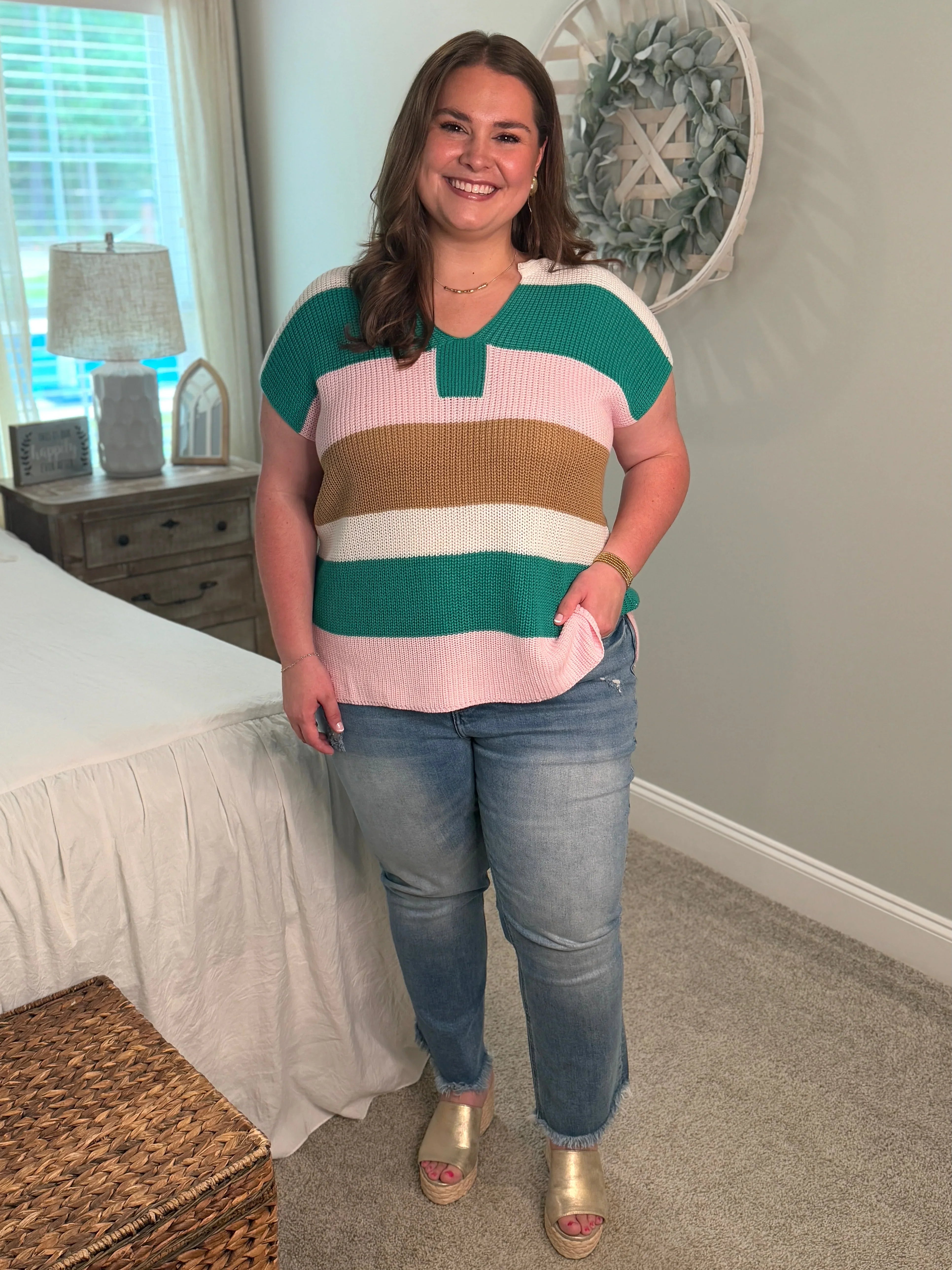 MCKENNA Plus Size Pink/Green Lightweight Sweater - Sassy and Southern