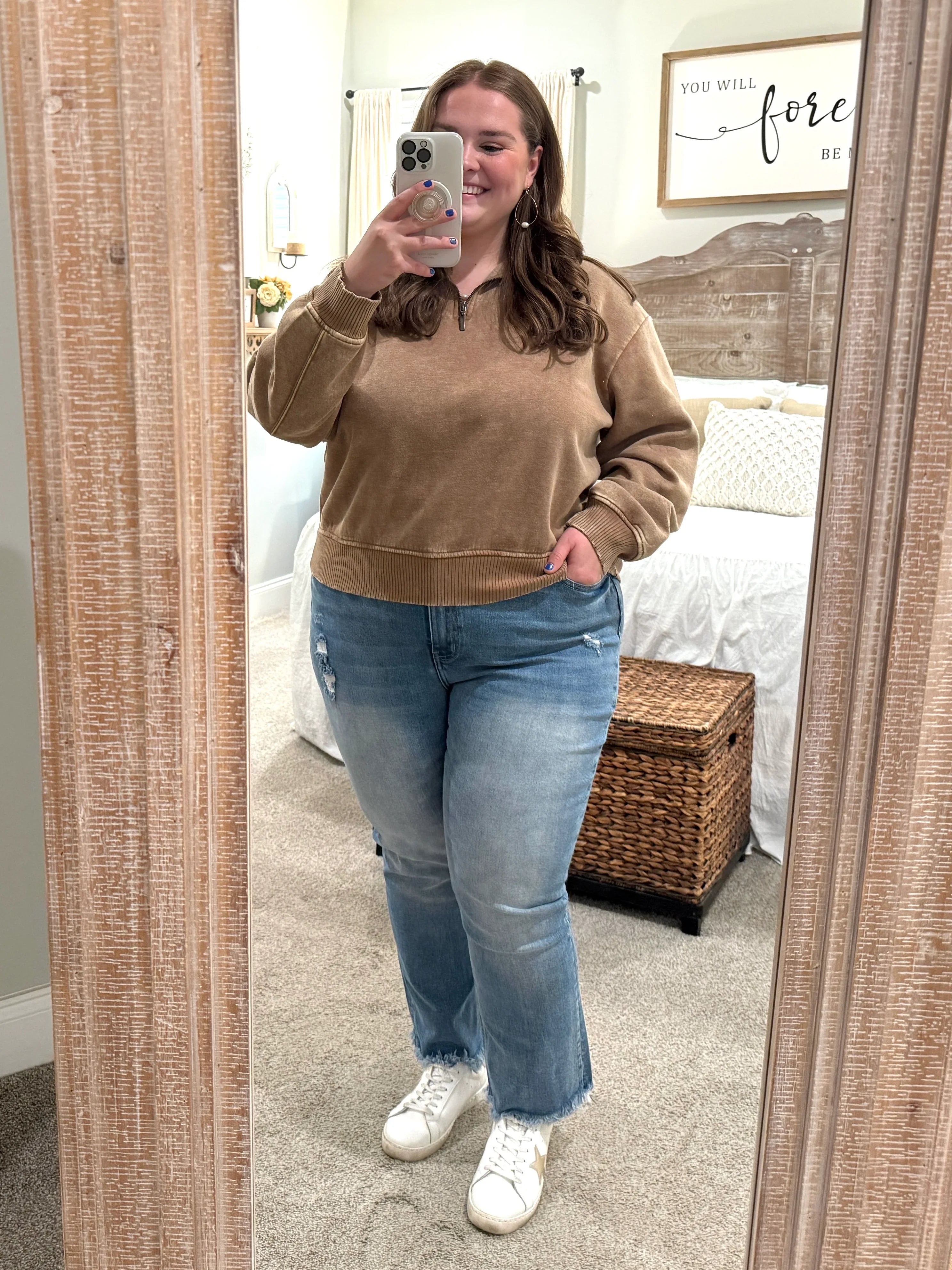 AVERY Plus Size Half Zip Pullover-Acid Washed (Camel) - Sassy and Southern