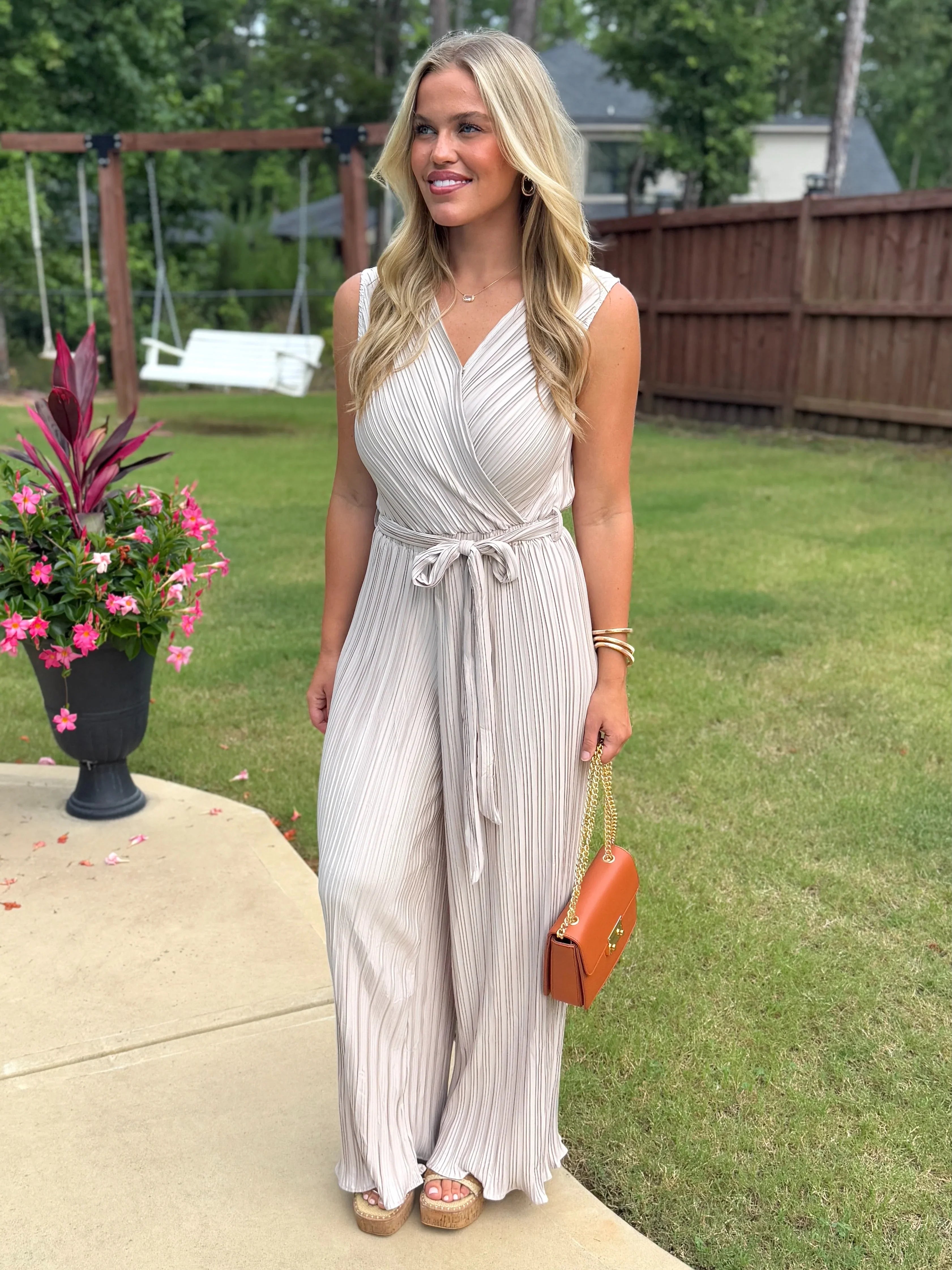 KYLIE Sleeveless Crinkle Jumpsuit (Taupe) - Sassy and Southern
