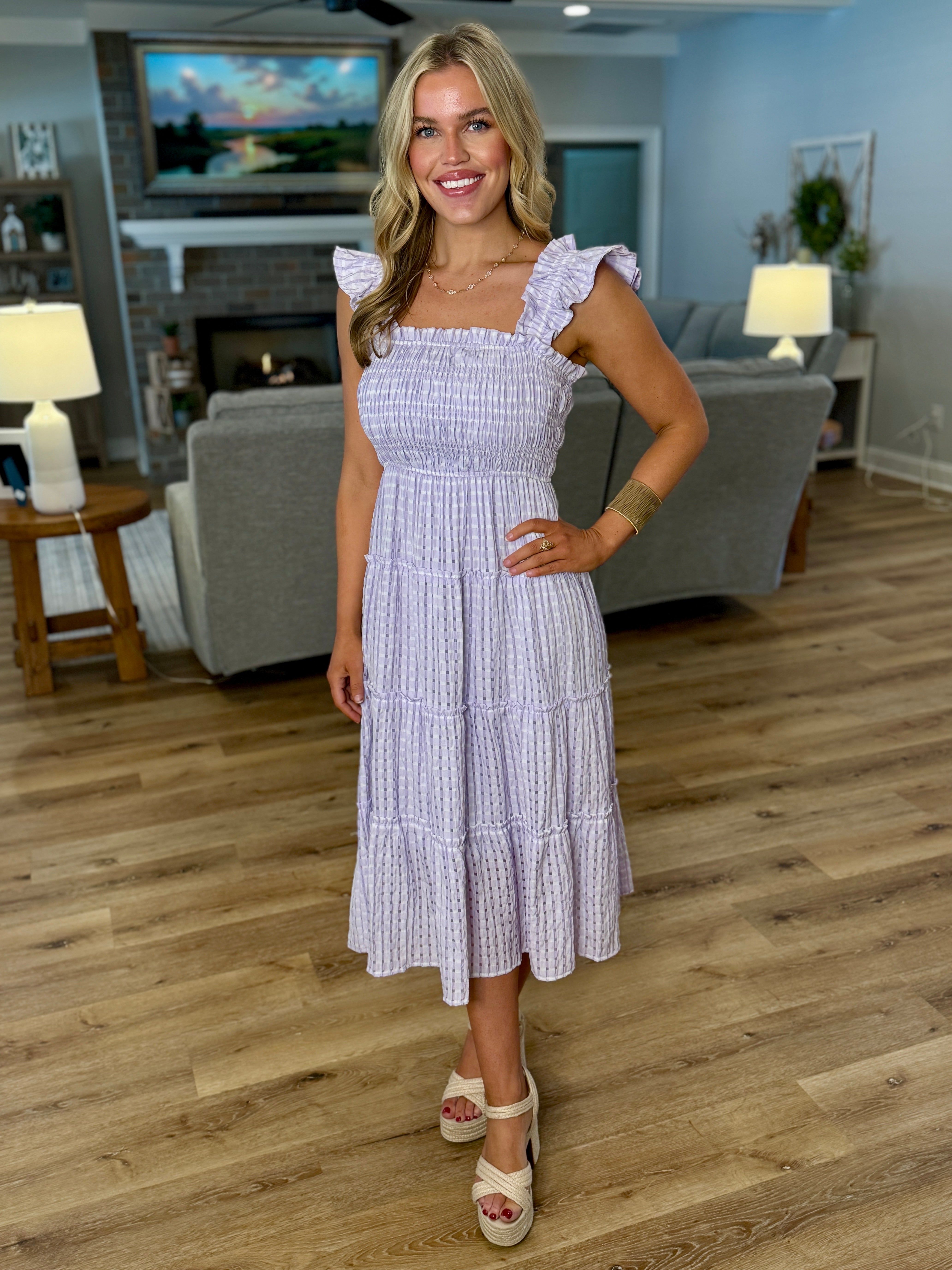 lavender midi dress ISABELLE Gingham Smocked Maxi/Midi Dress (Lavender) | Women's