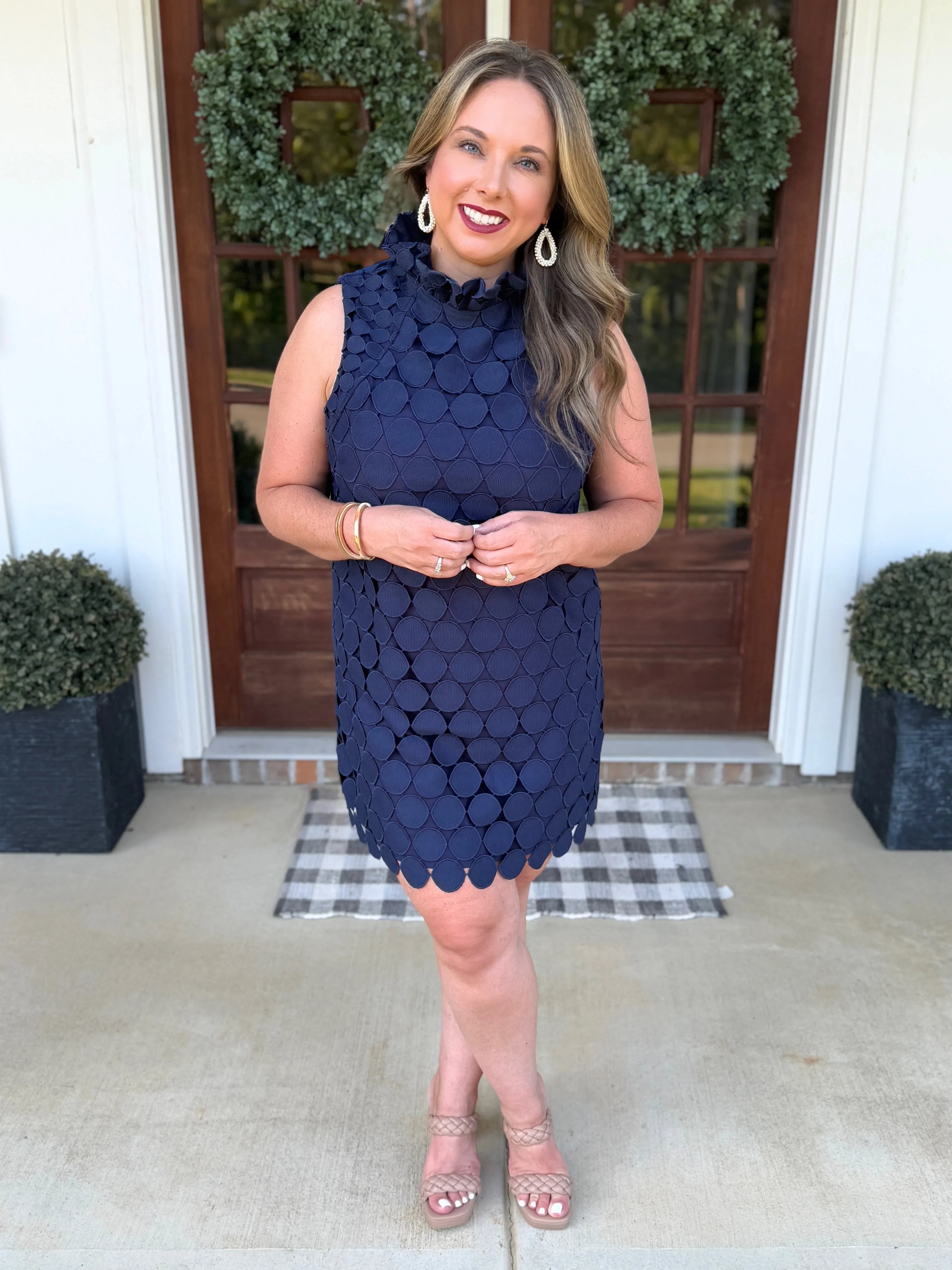 QUINN Sleeveless Polka Dot Lace Dress (Navy) - Sassy and Southern
