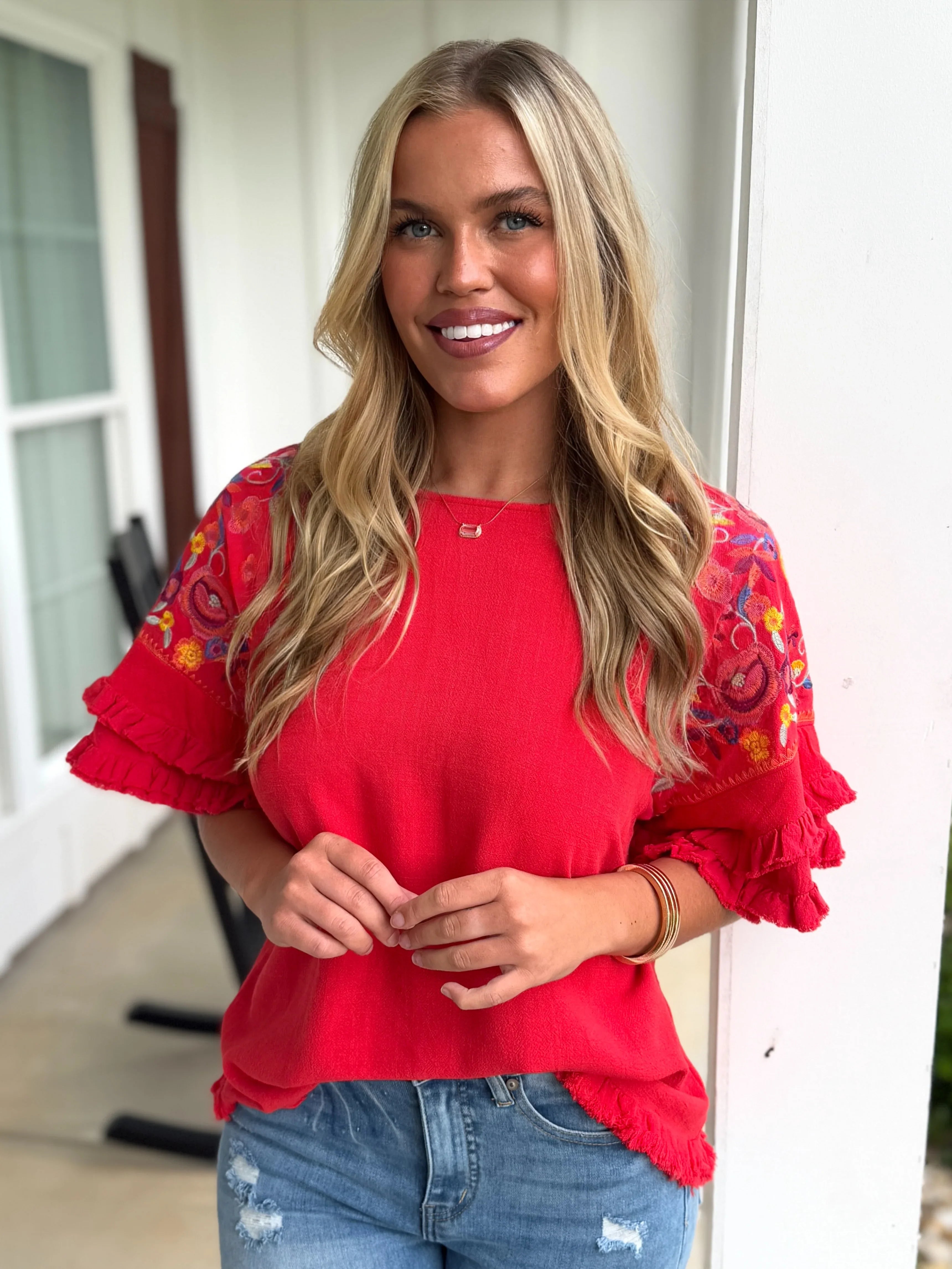 STEVIE Red Embroidered Sleeve Ruffle Top (S-2X) - Sassy and Southern