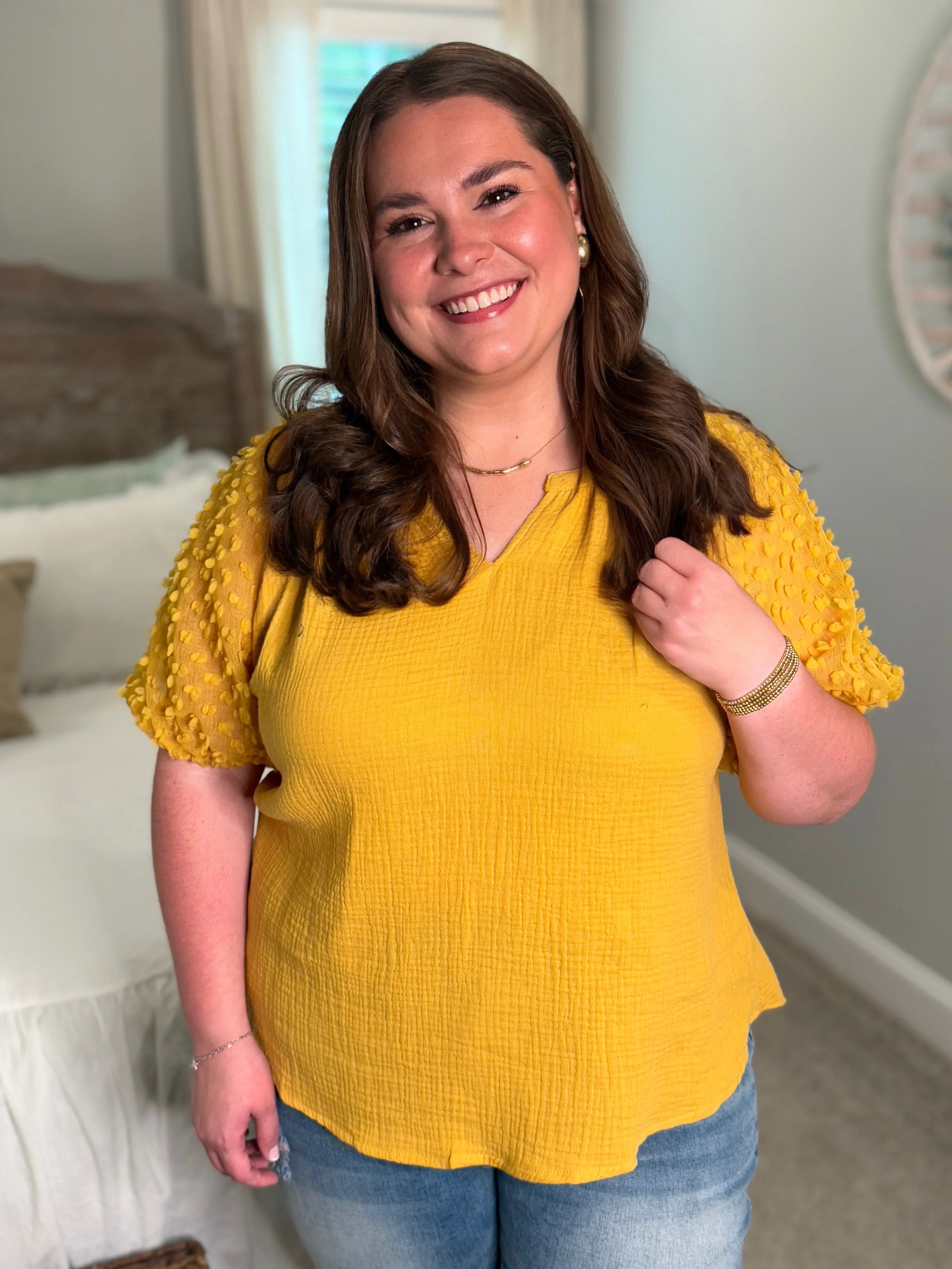 HOPE Plus Size Puff Sleeve Linen Top (Honey) - Sassy and Southern