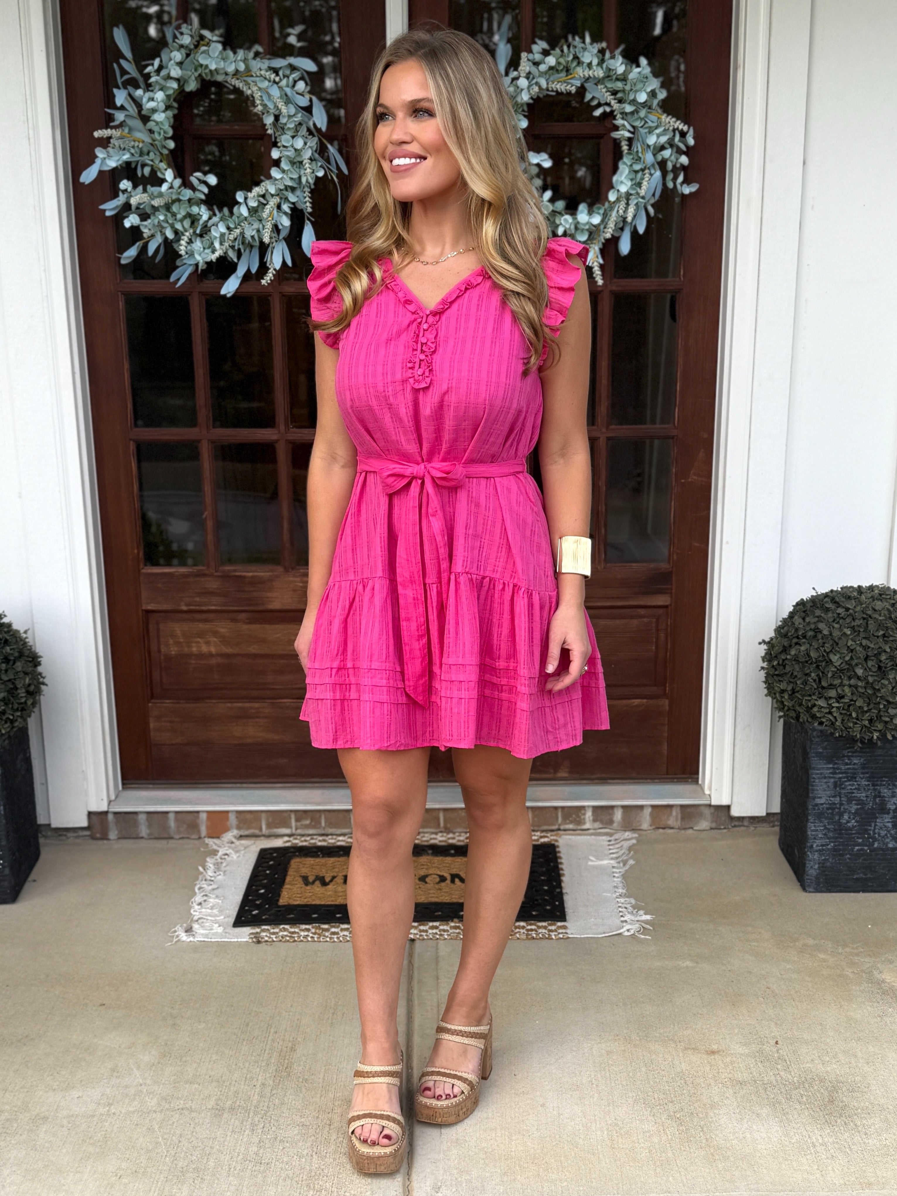 AURORA Hot Pink Ruffle Dress With Tie | Women's | Sizes S-XL