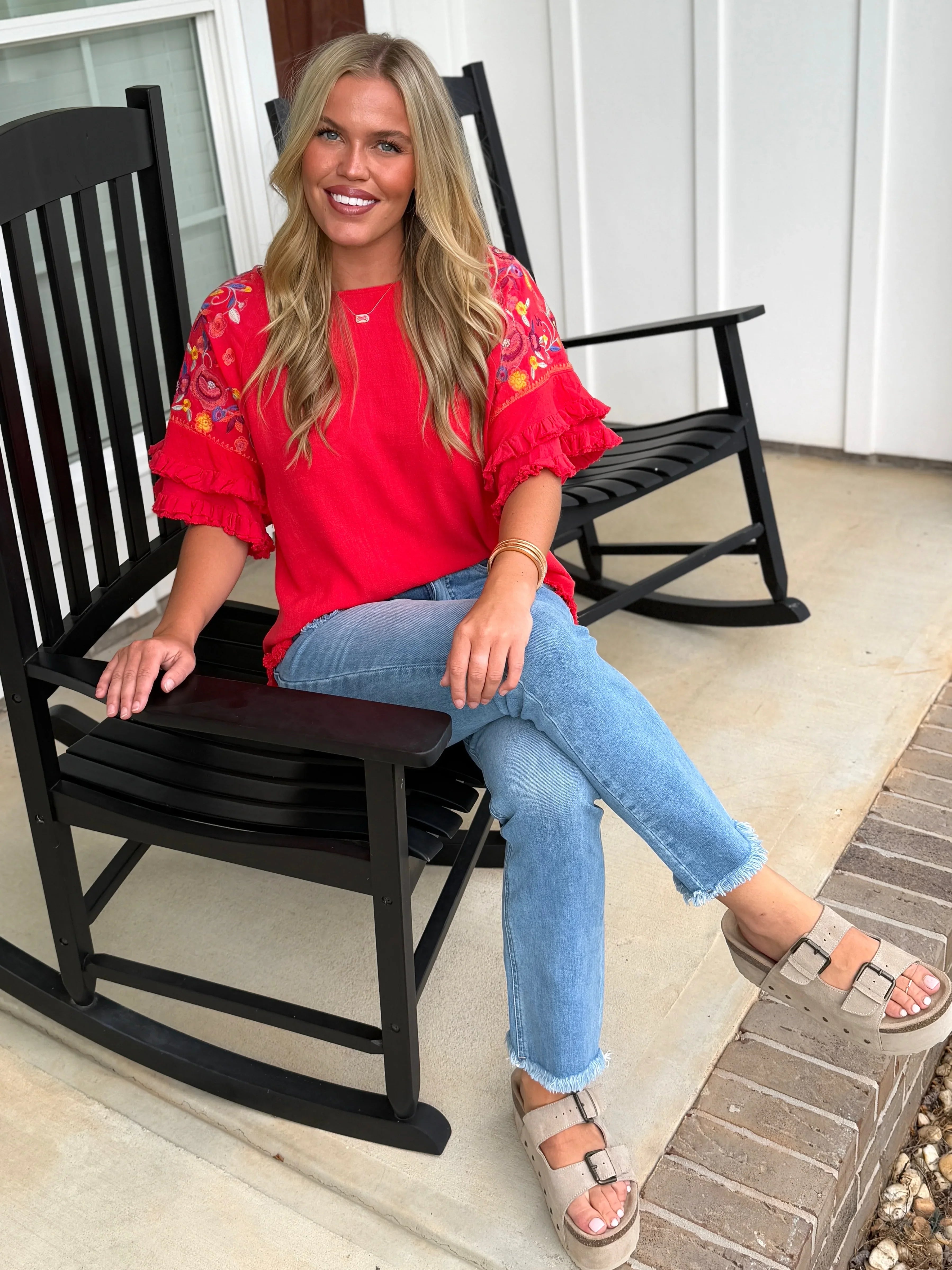 STEVIE Red Embroidered Sleeve Ruffle Top (S-2X) - Sassy and Southern