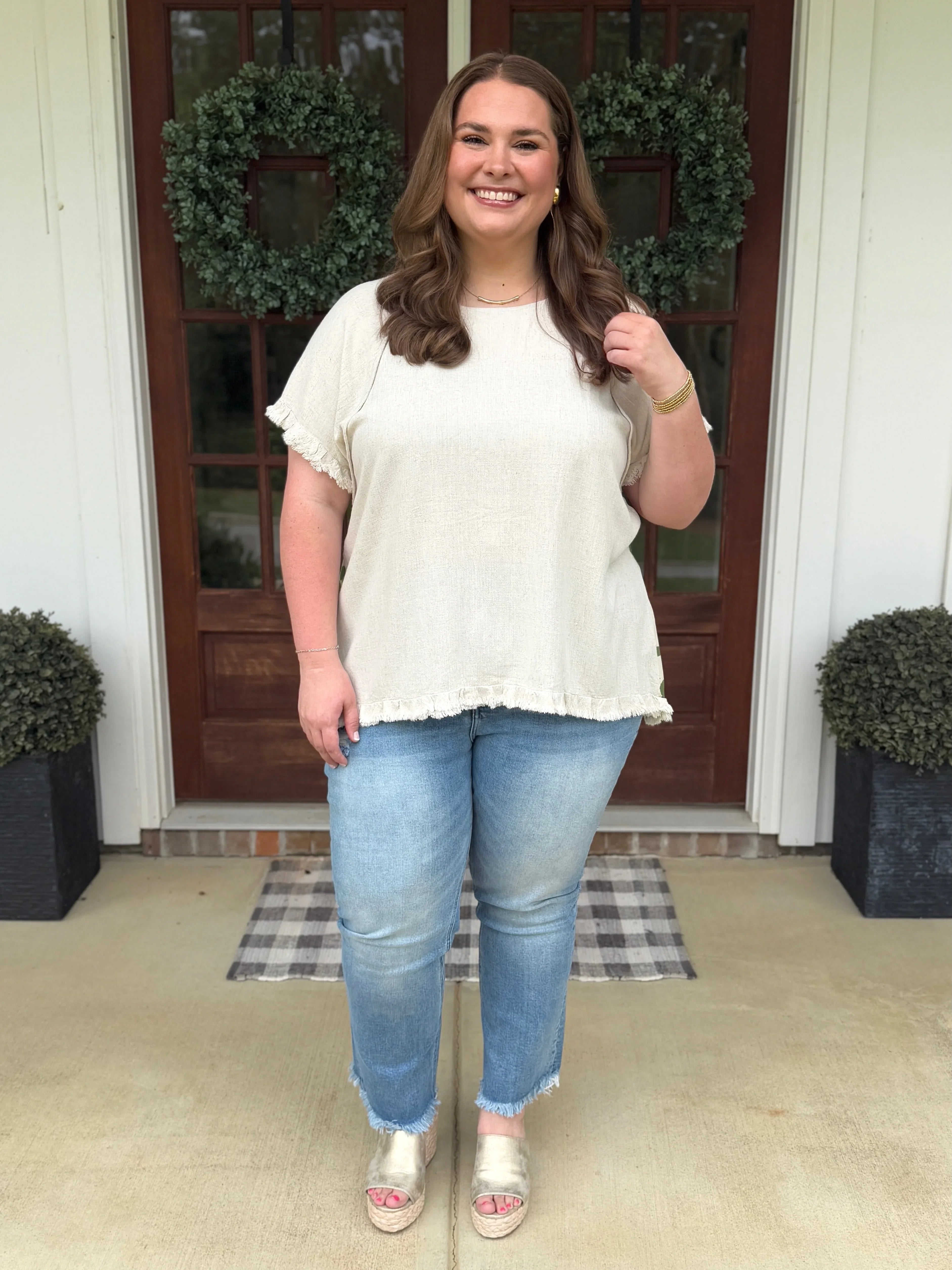 OPHELIA Plus Size Oatmeal Top With Green Design - Sassy and Southern