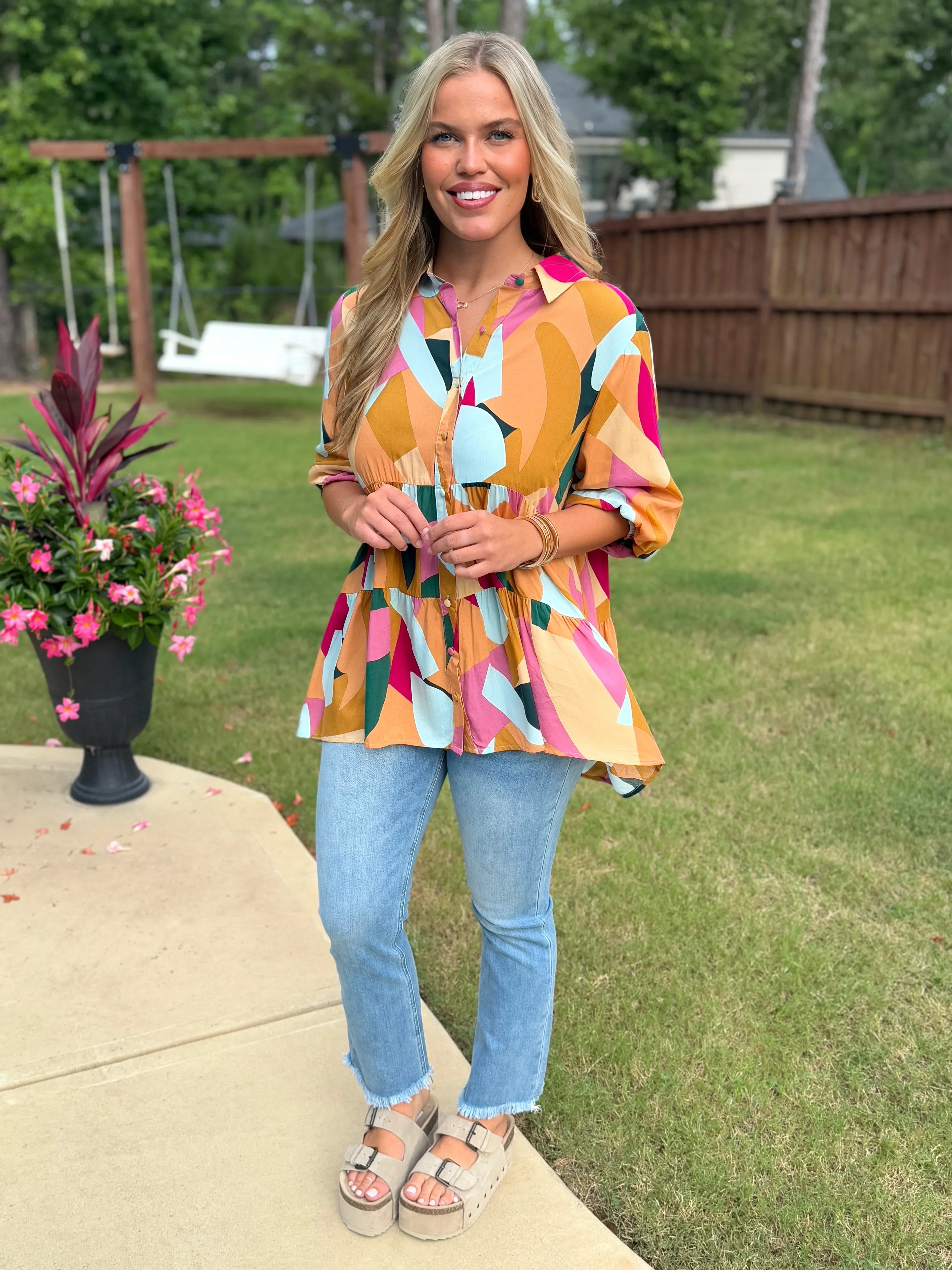 PHOEBE Abstract Button Down Top - Sassy and Southern