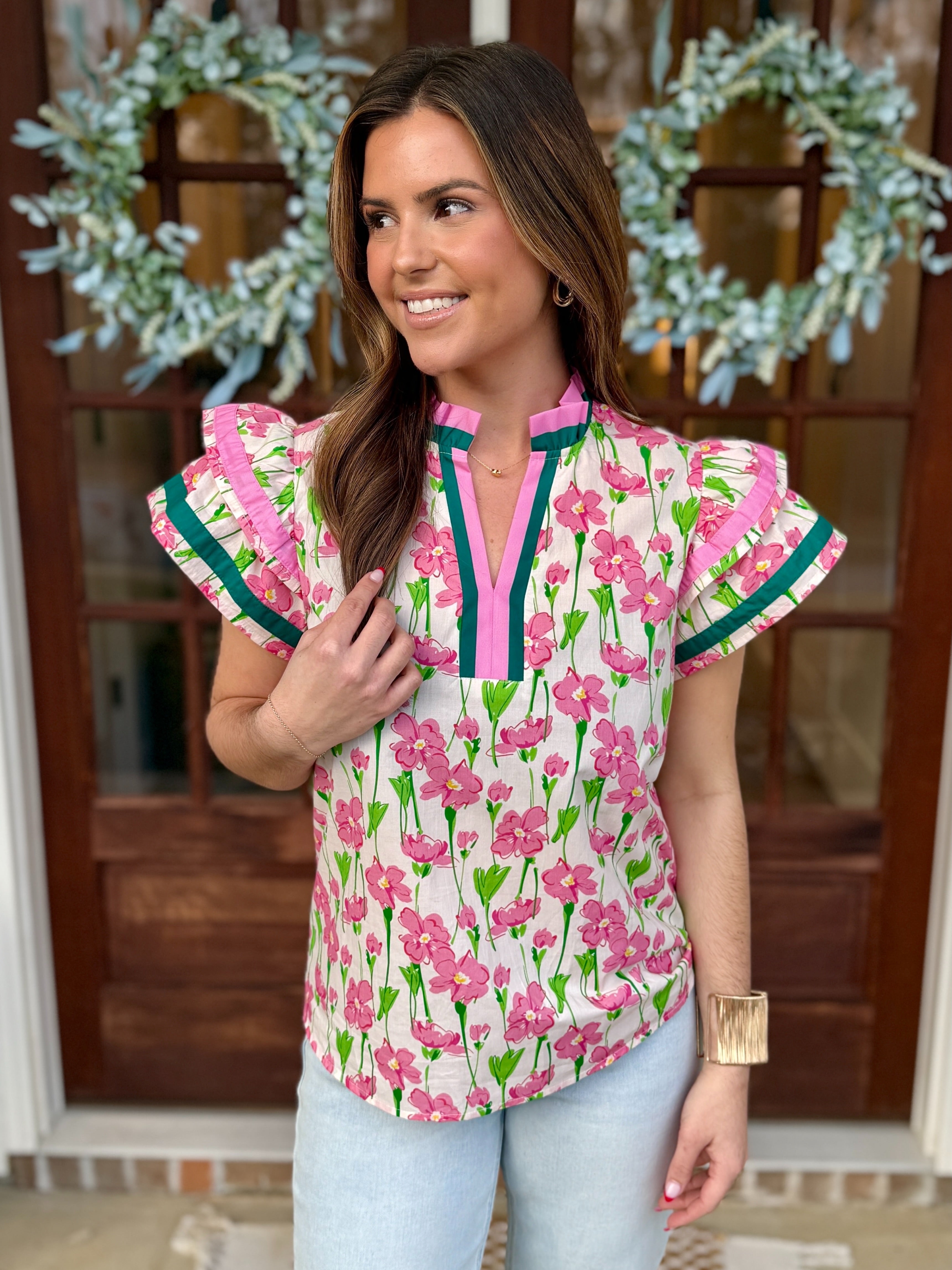 floral ruffle top♡ ABIGAIL Pink/Green Floral Ruffle Neck Top | Women's | Sizes S-XL