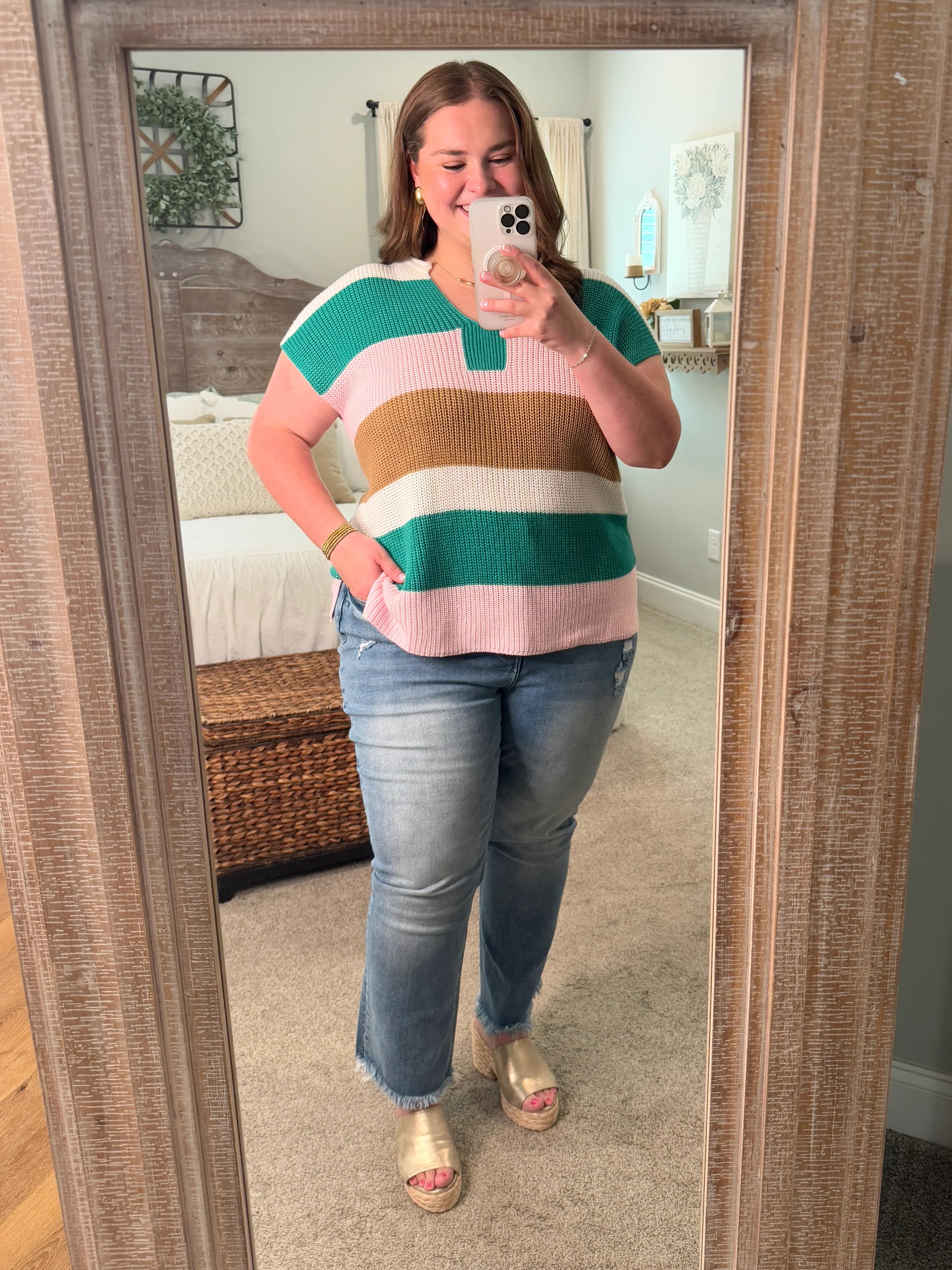 MCKENNA Plus Size Pink/Green Lightweight Sweater - Sassy and Southern