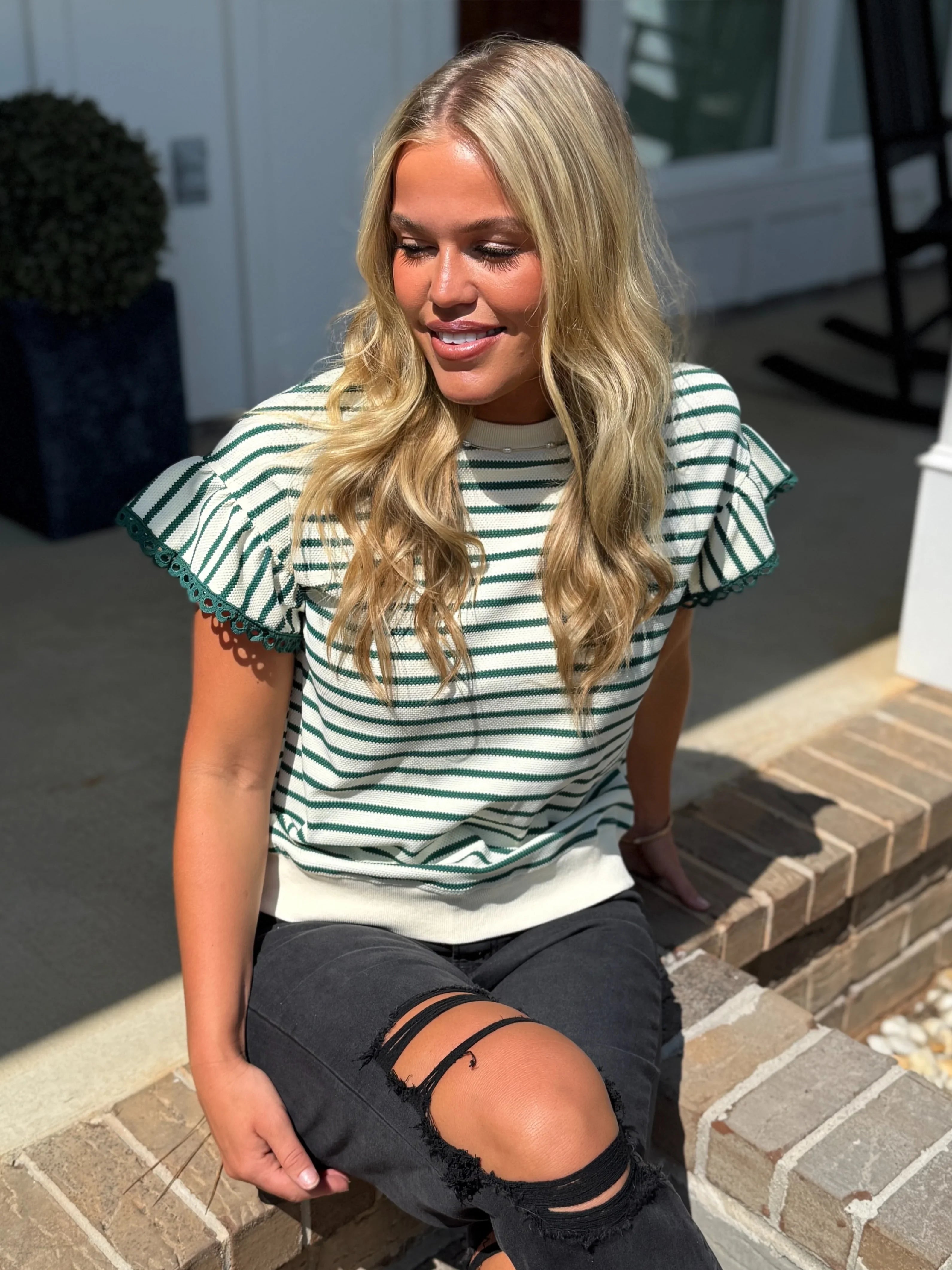 TATUM Green Striped Top With Ruffle Sleeves - Sassy and Southern
