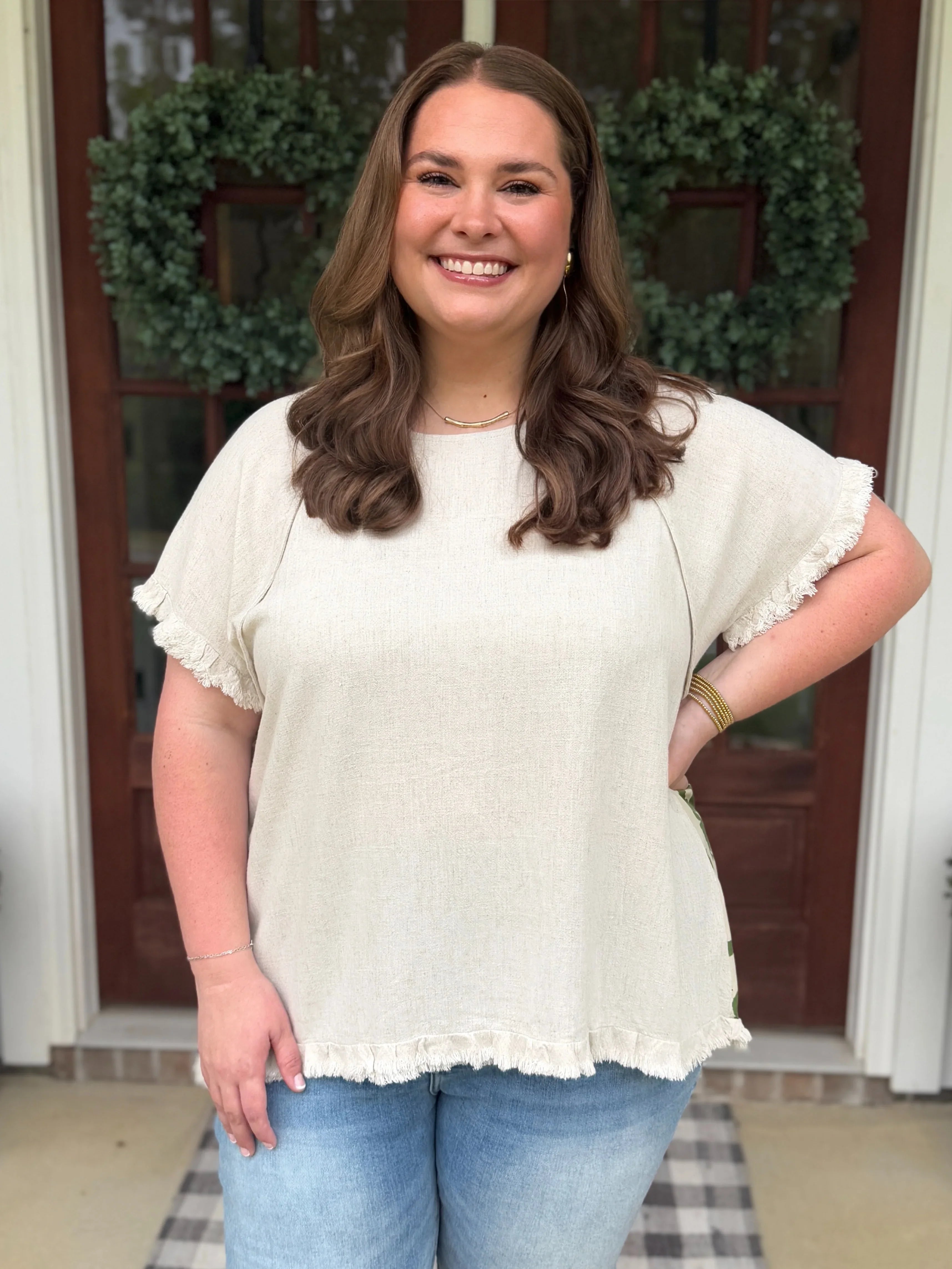 OPHELIA Plus Size Oatmeal Top With Green Design - Sassy and Southern