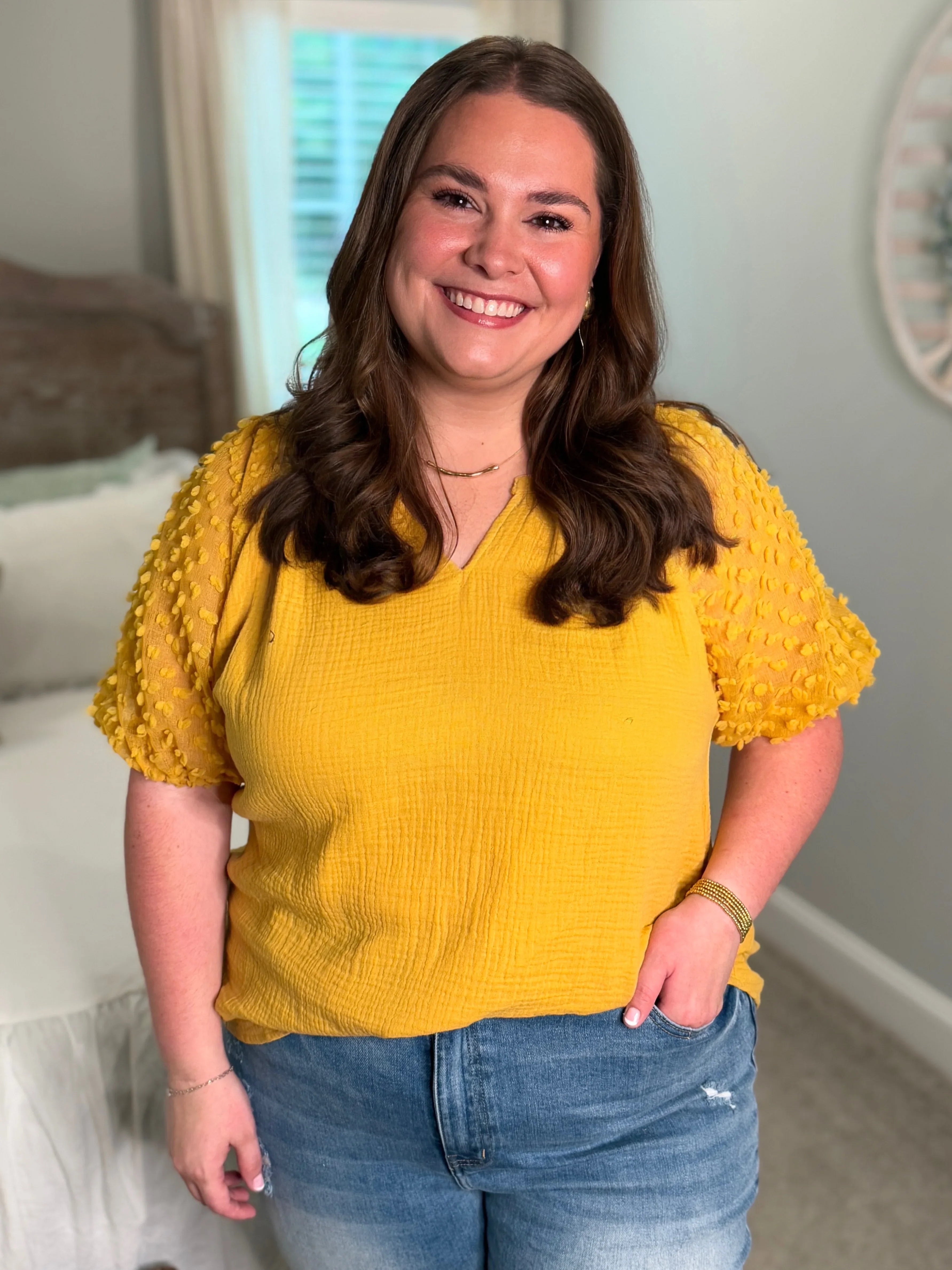 HOPE Plus Size Puff Sleeve Linen Top (Honey) - Sassy and Southern