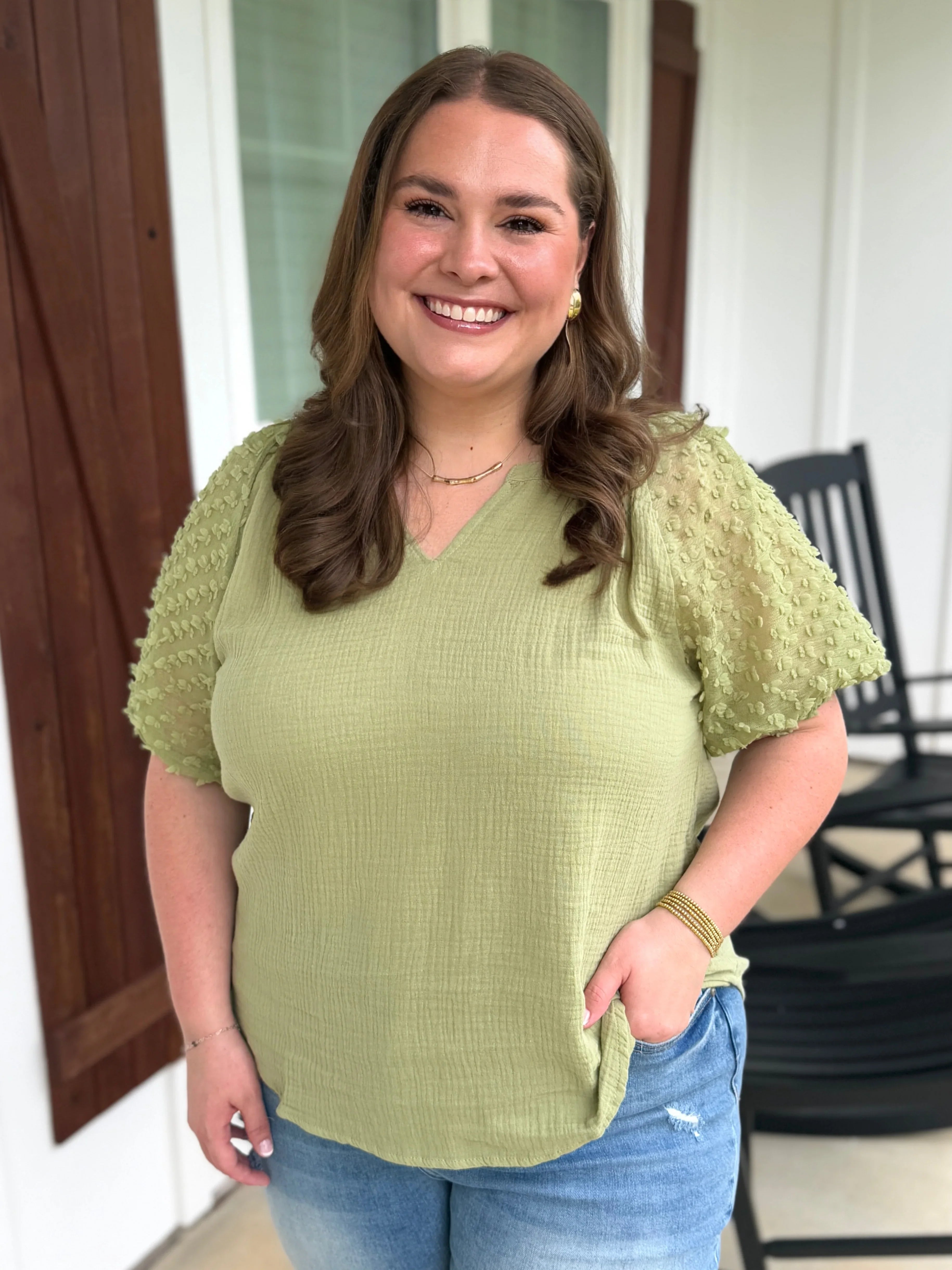 HOPE Puff Sleeve Linen Top (Sage) (S-2X) - Sassy and Southern