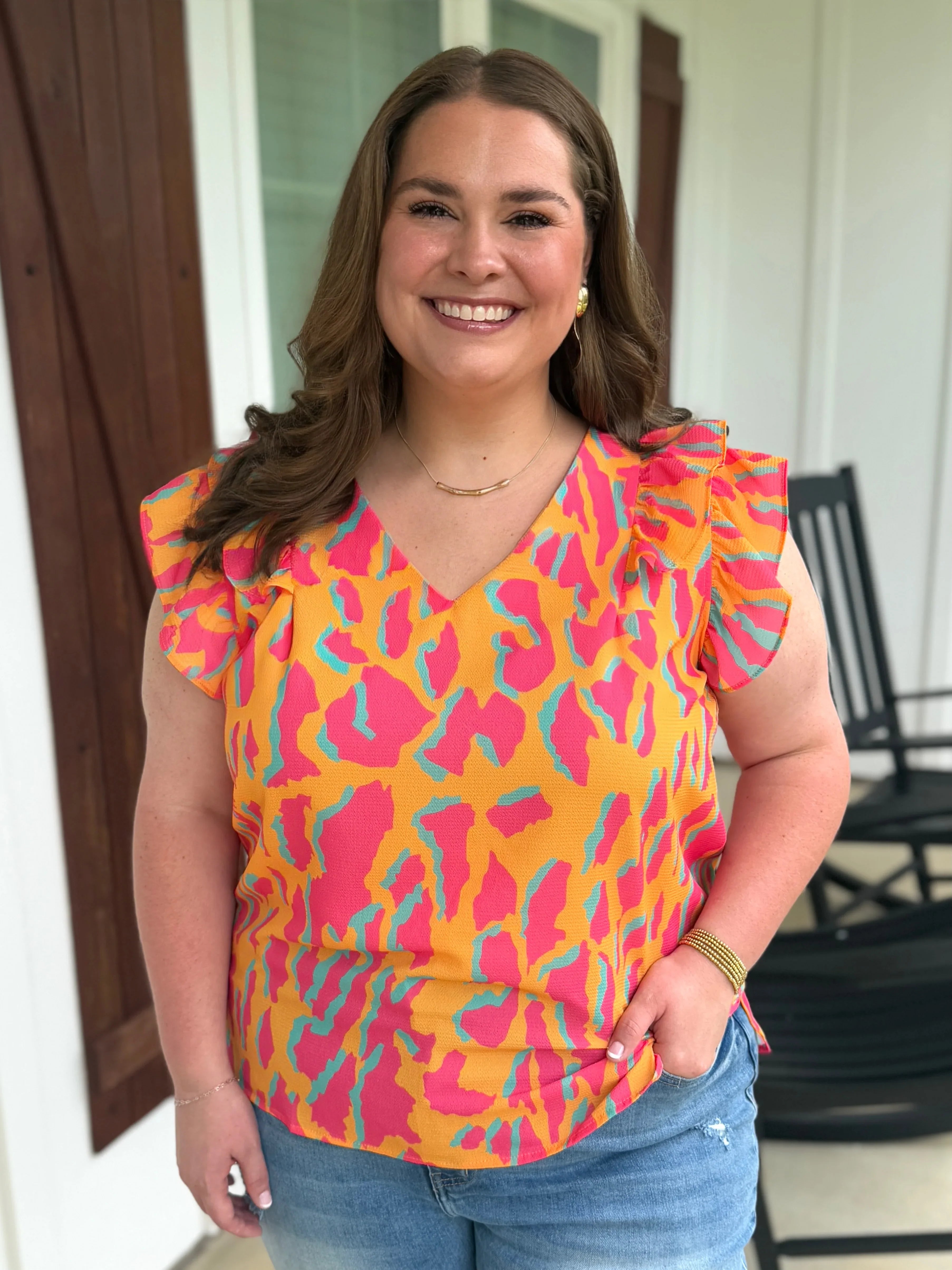SYDNEY Abstract Print Ruffle Top (S-2X) - Sassy and Southern