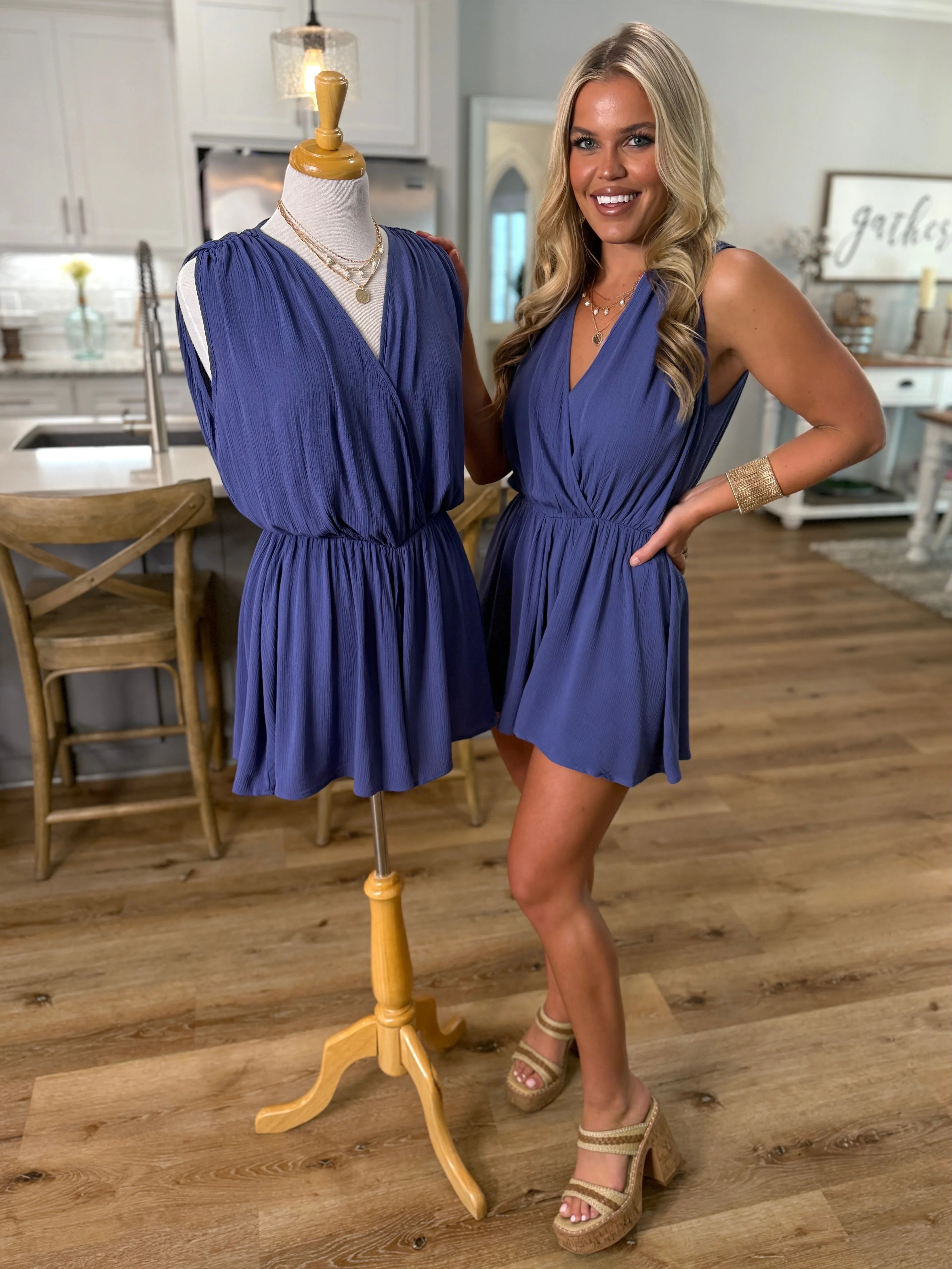 GIANNA Draped Romper (Blue) - Sassy and Southern