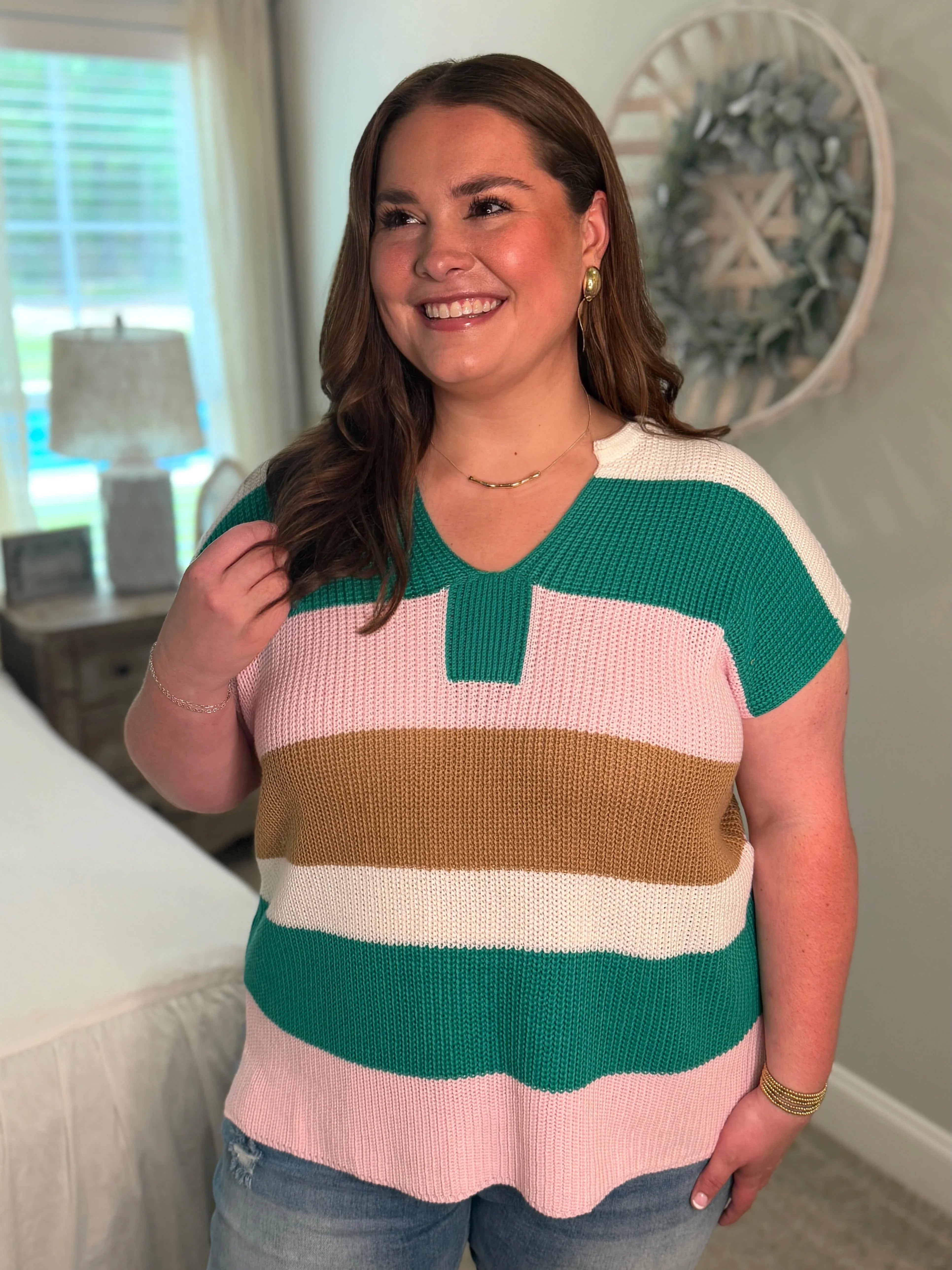 MCKENNA Plus Size Pink/Green Lightweight Sweater - Sassy and Southern