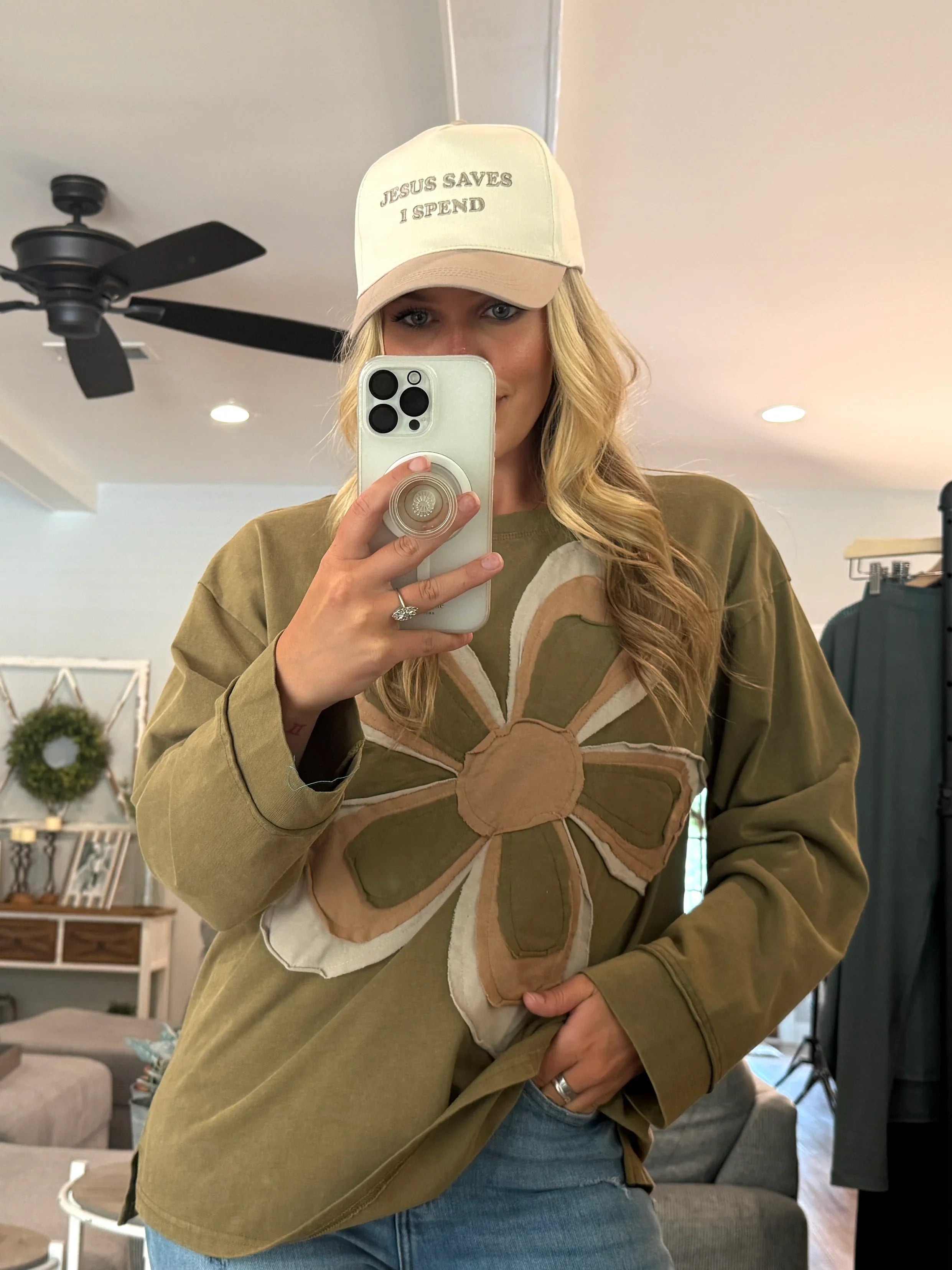 EMMA Oversized Olive Flower Patch Top - Sassy and Southern