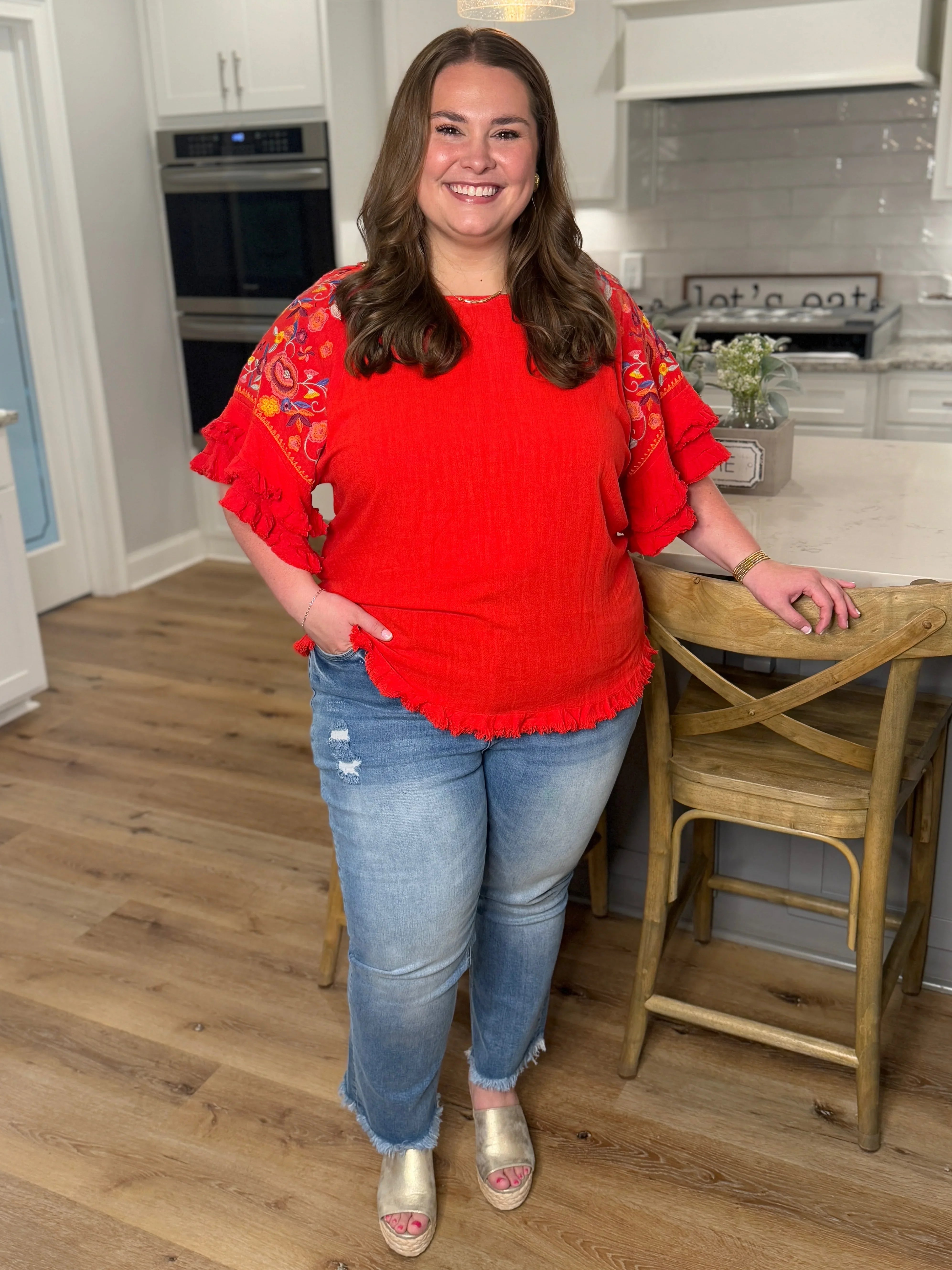 STEVIE Red Embroidered Sleeve Ruffle Top (S-2X) - Sassy and Southern