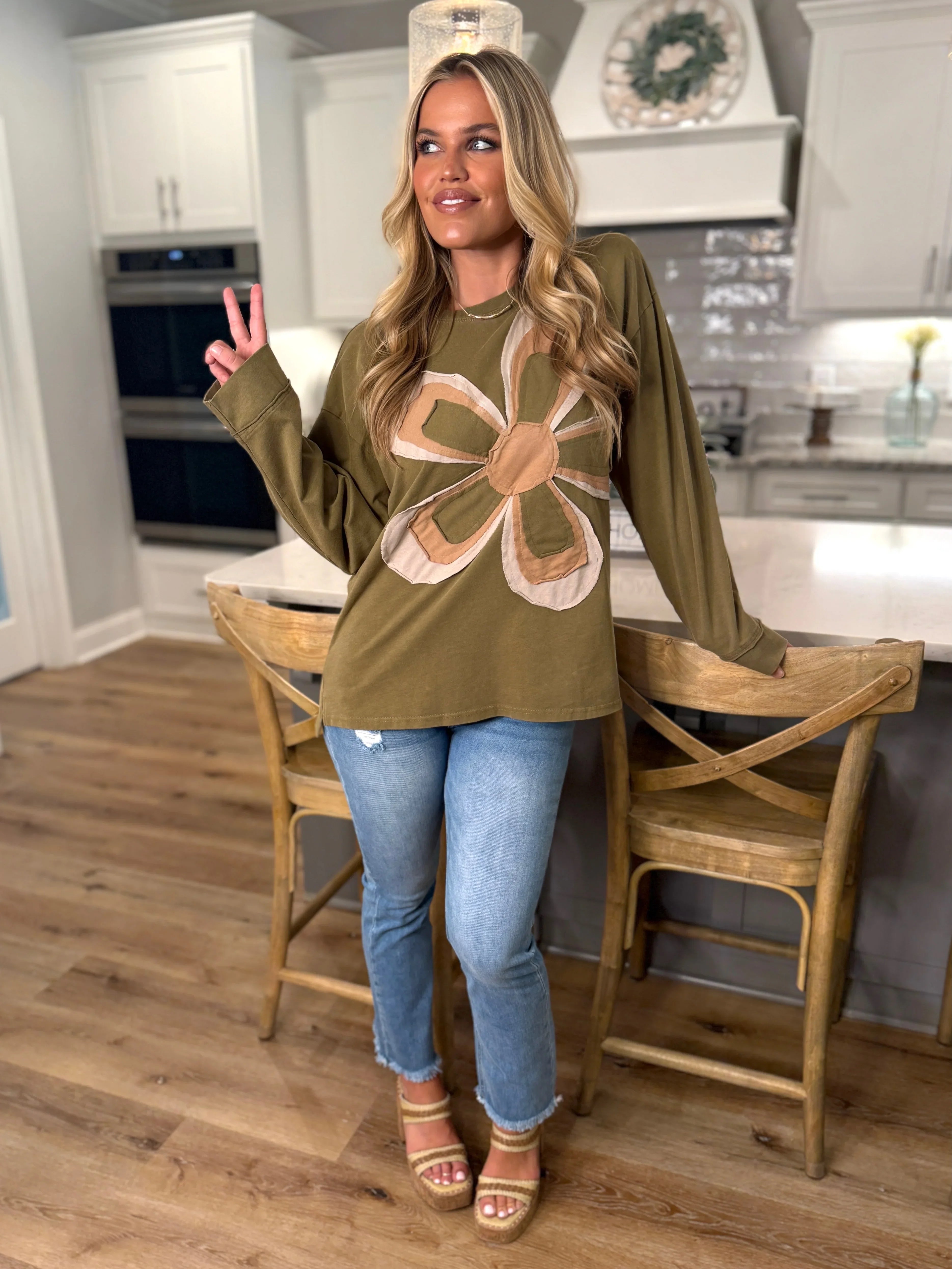 EMMA Oversized Olive Flower Patch Top - Sassy and Southern