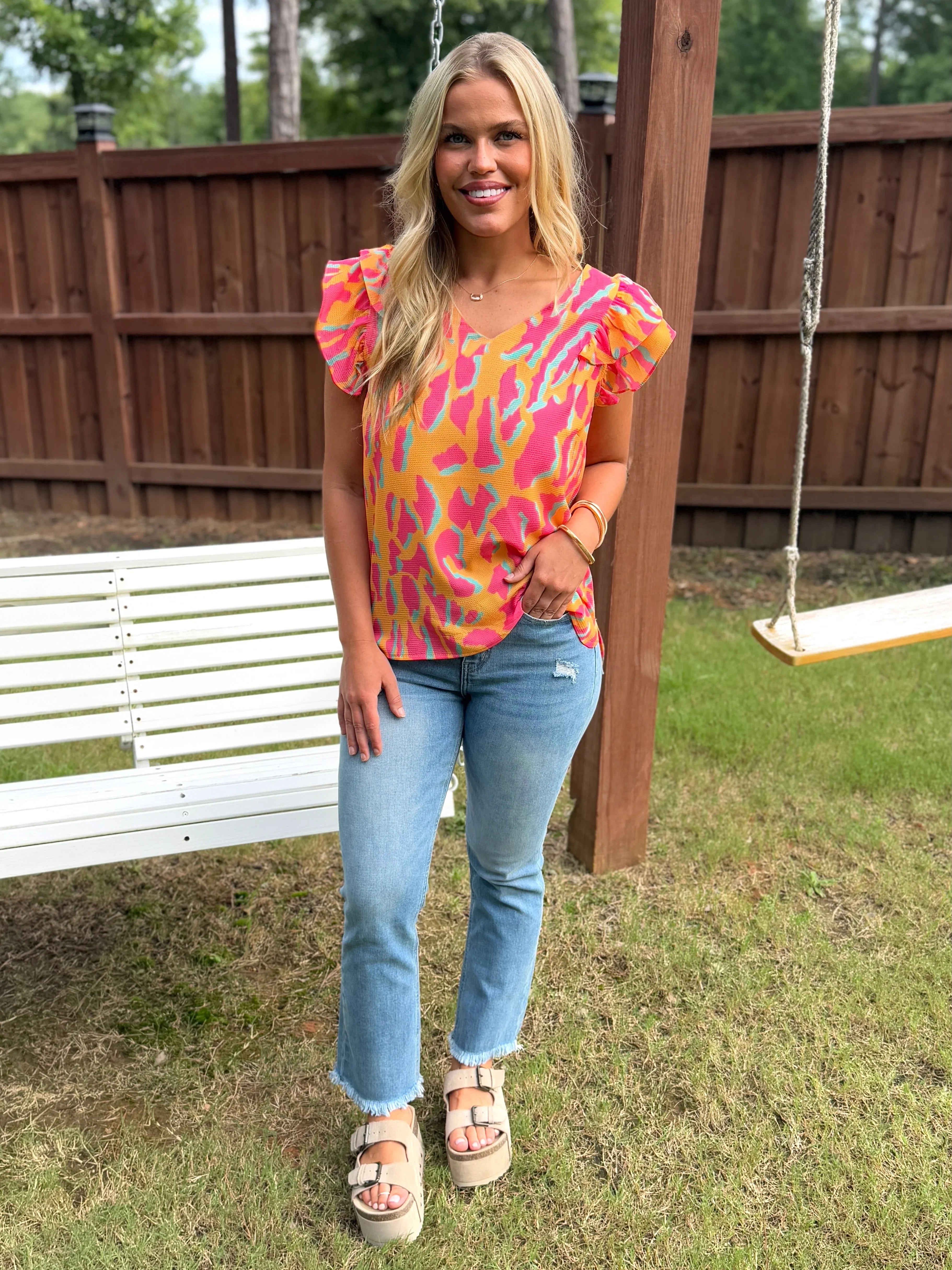 SYDNEY Abstract Print Ruffle Top (S-2X) - Sassy and Southern