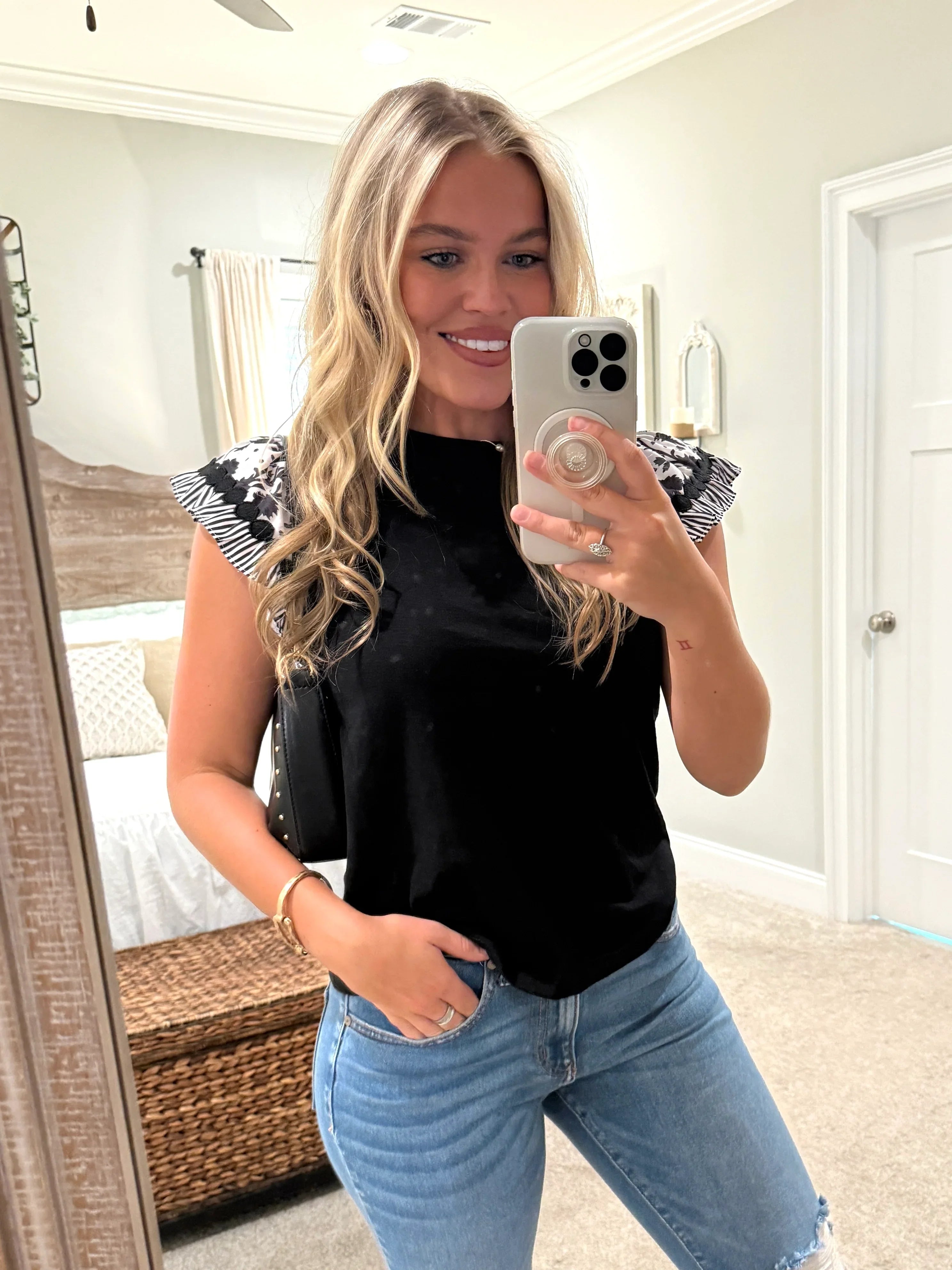 ROWAN Black Top With Floral Ruffle Sleeves - Sassy and Southern