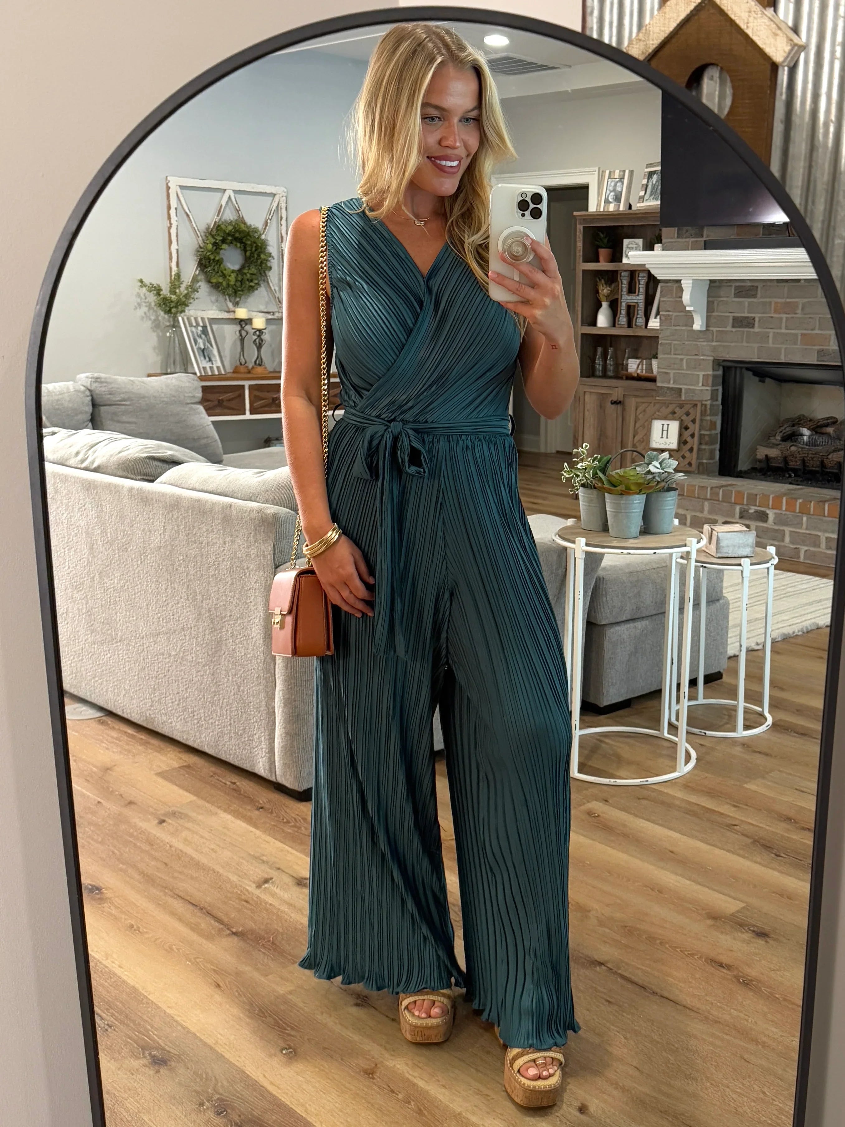 KYLIE Sleeveless Crinkle Jumpsuit (Green) - Sassy and Southern