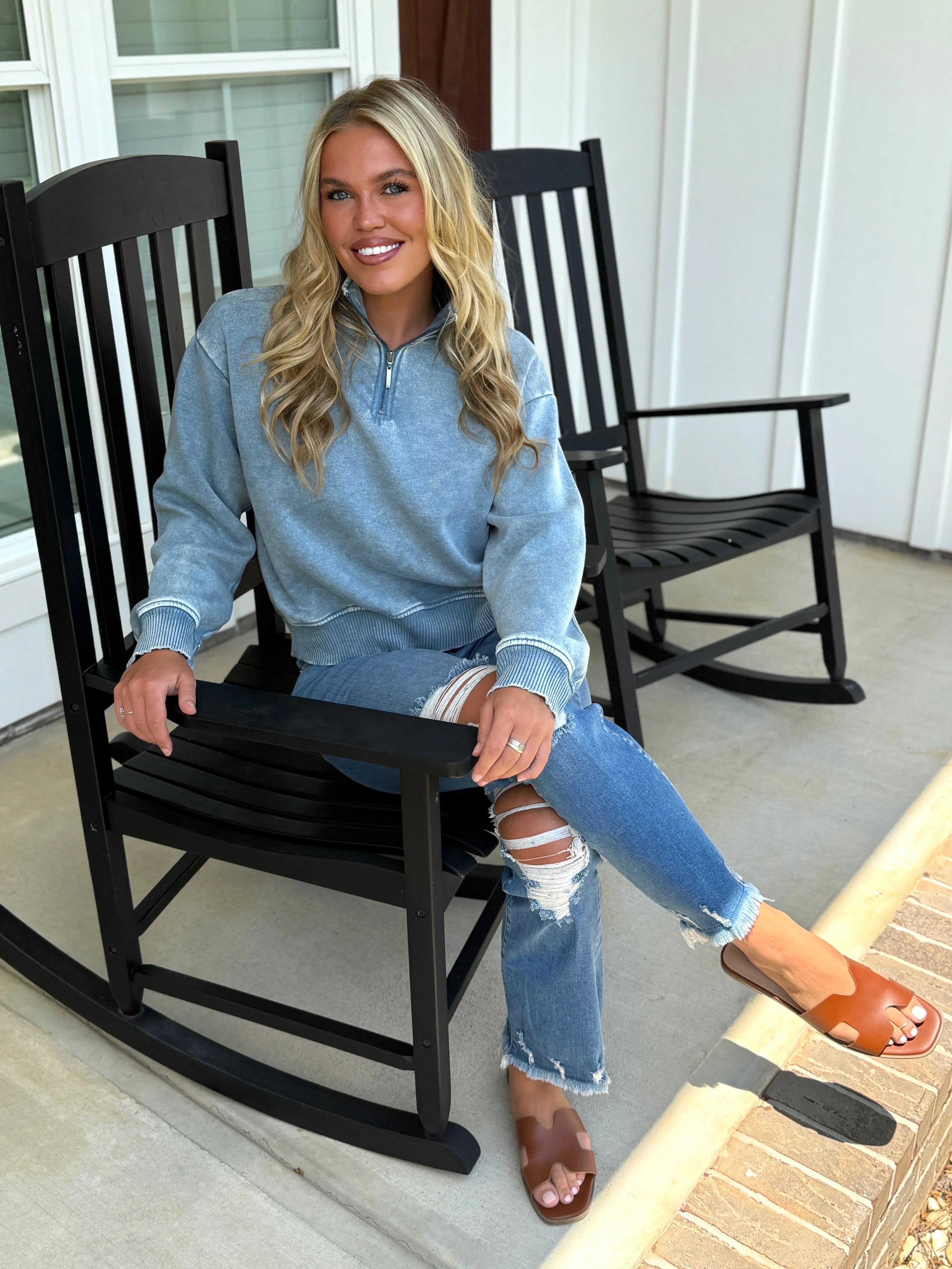 AVERY Half Zip Pullover-Acid Washed (Dusty Blue) - Sassy and Southern