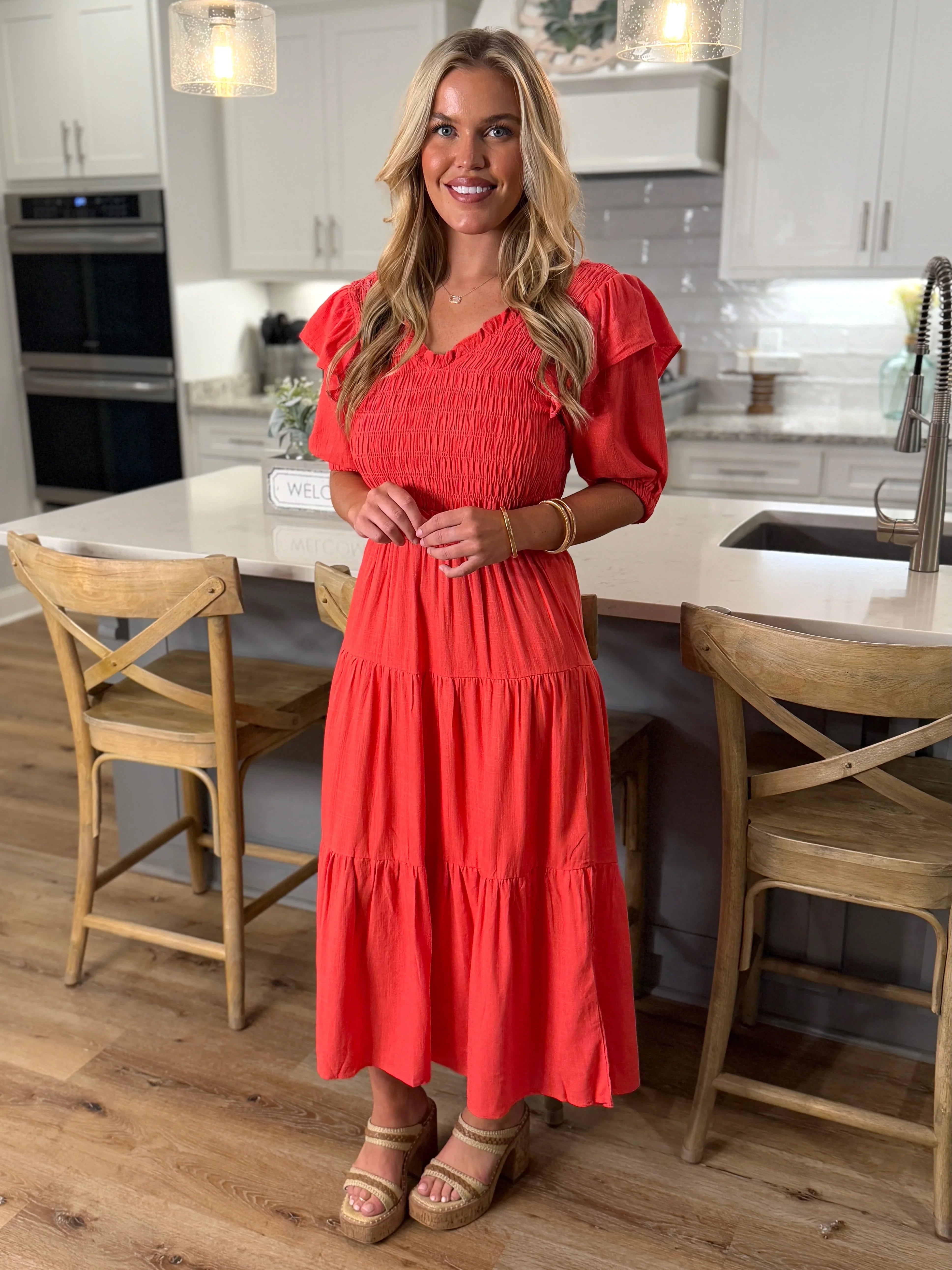 RUTH Smocked Maxi Dress (Coral) - Sassy and Southern