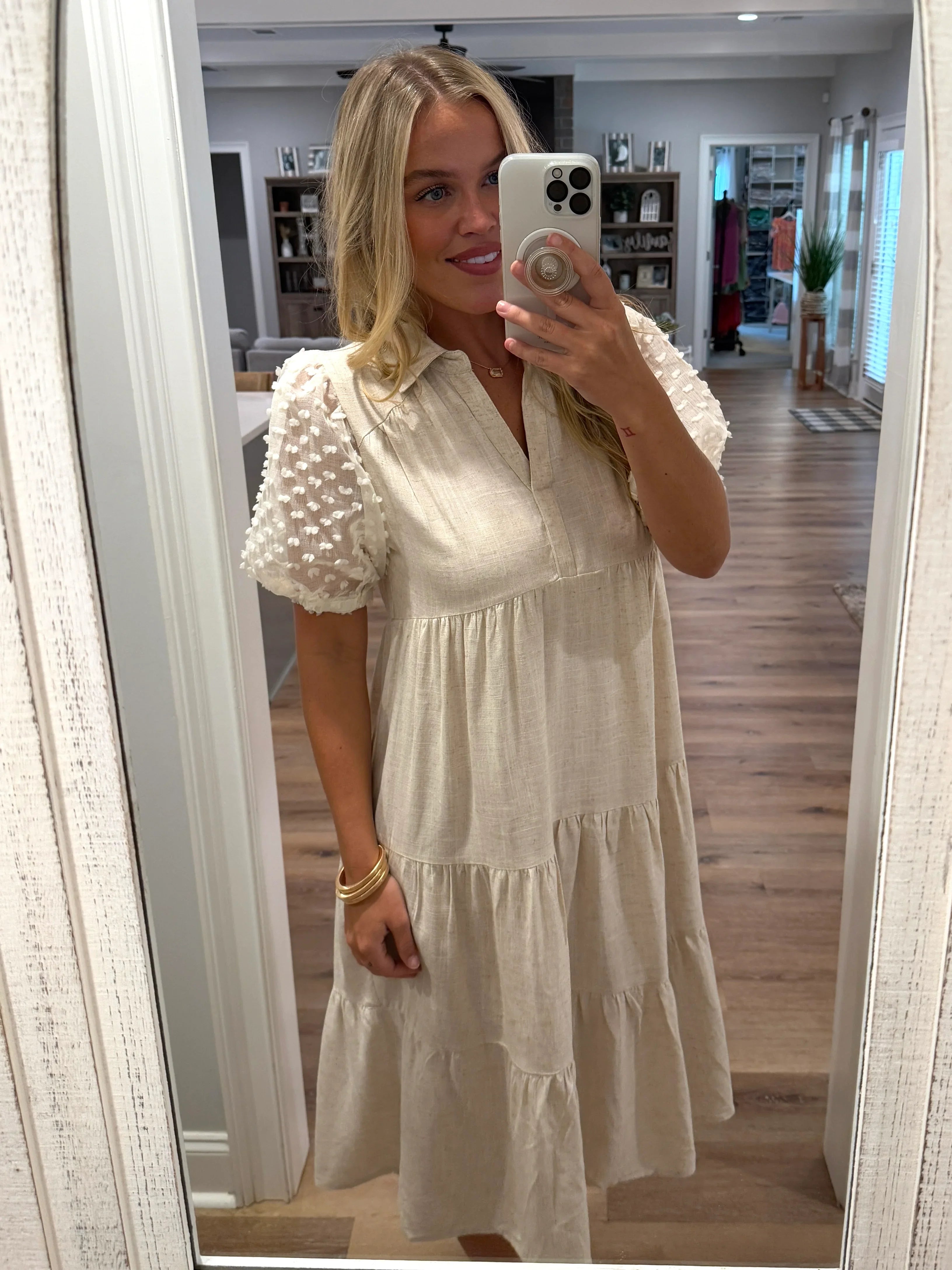 SAVANNAH Collared Oatmeal Linen Dress - Sassy and Southern