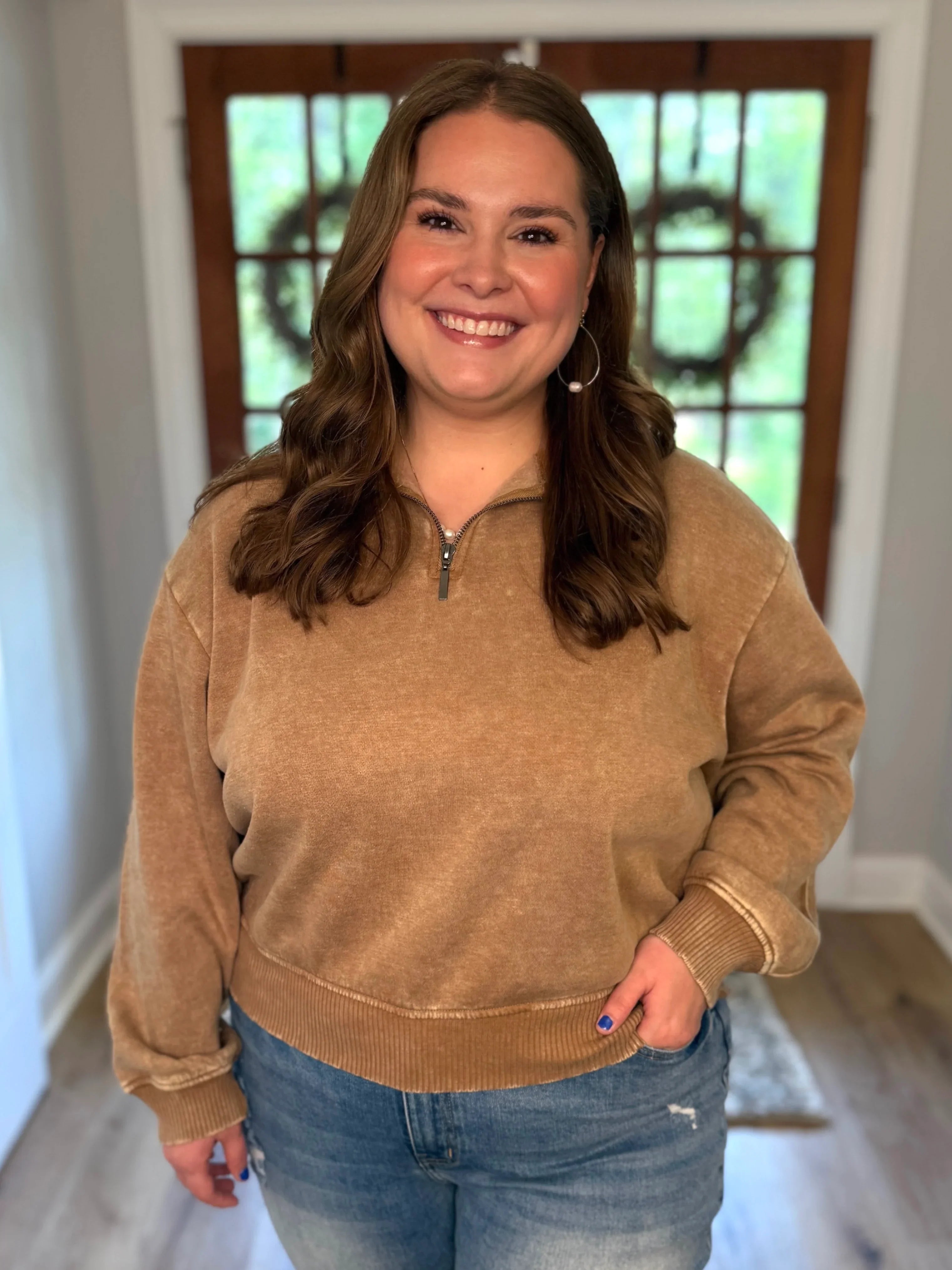 AVERY Plus Size Half Zip Pullover-Acid Washed (Camel) - Sassy and Southern