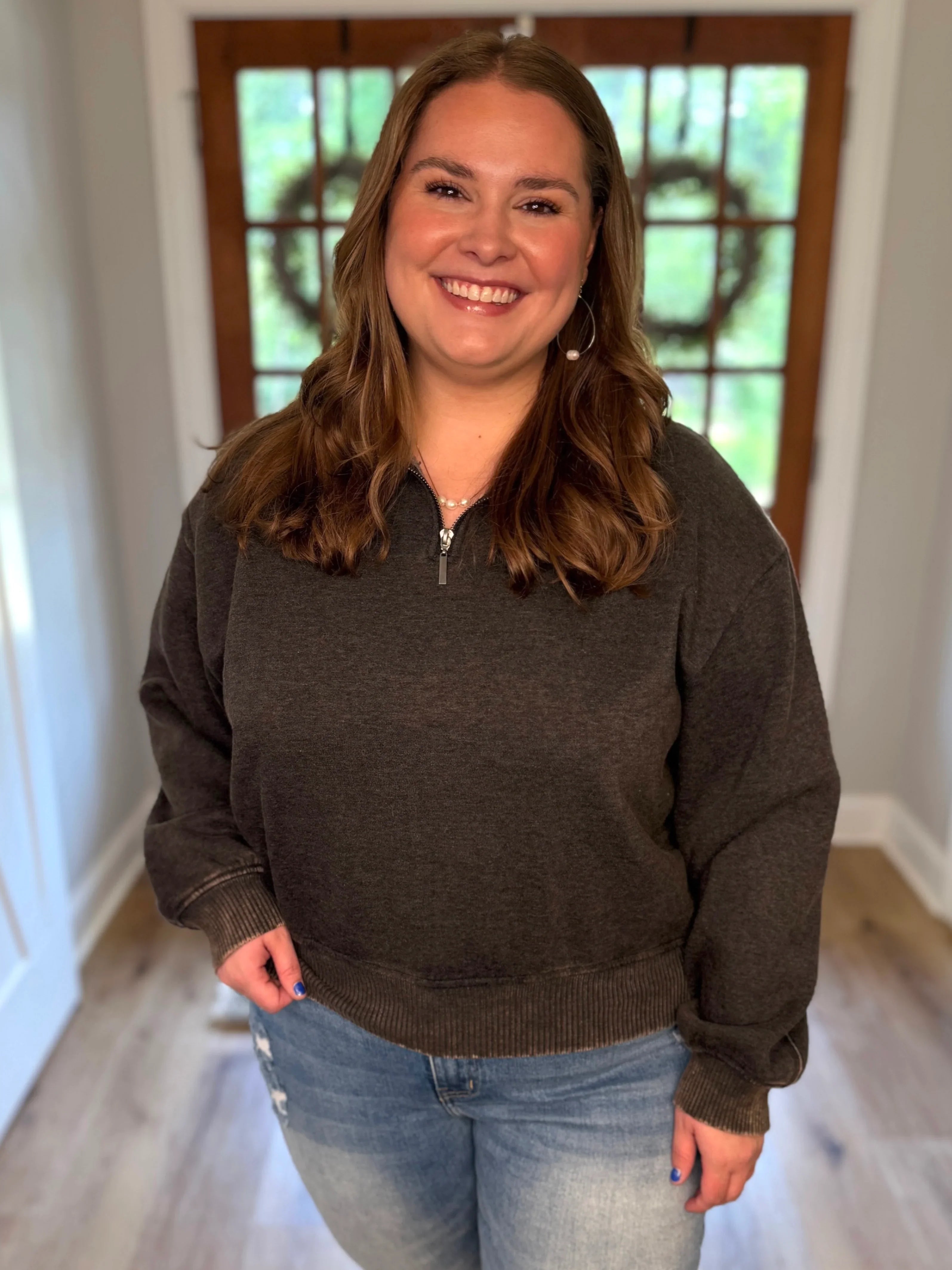 AVERY Plus Size Half Zip Pullover-Acid Washed (Ash Black) - Sassy and Southern