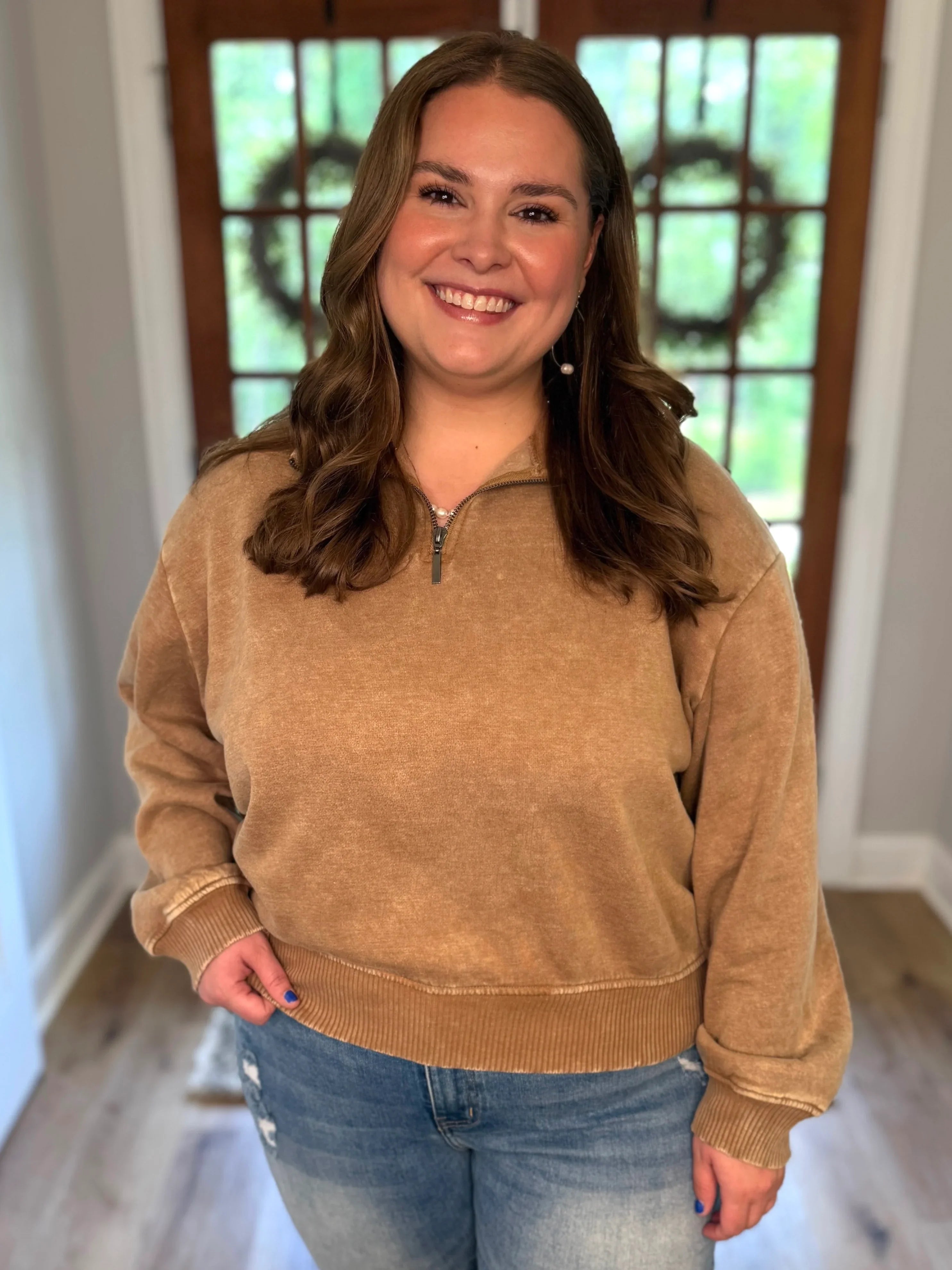 AVERY Plus Size Half Zip Pullover-Acid Washed (Camel) - Sassy and Southern