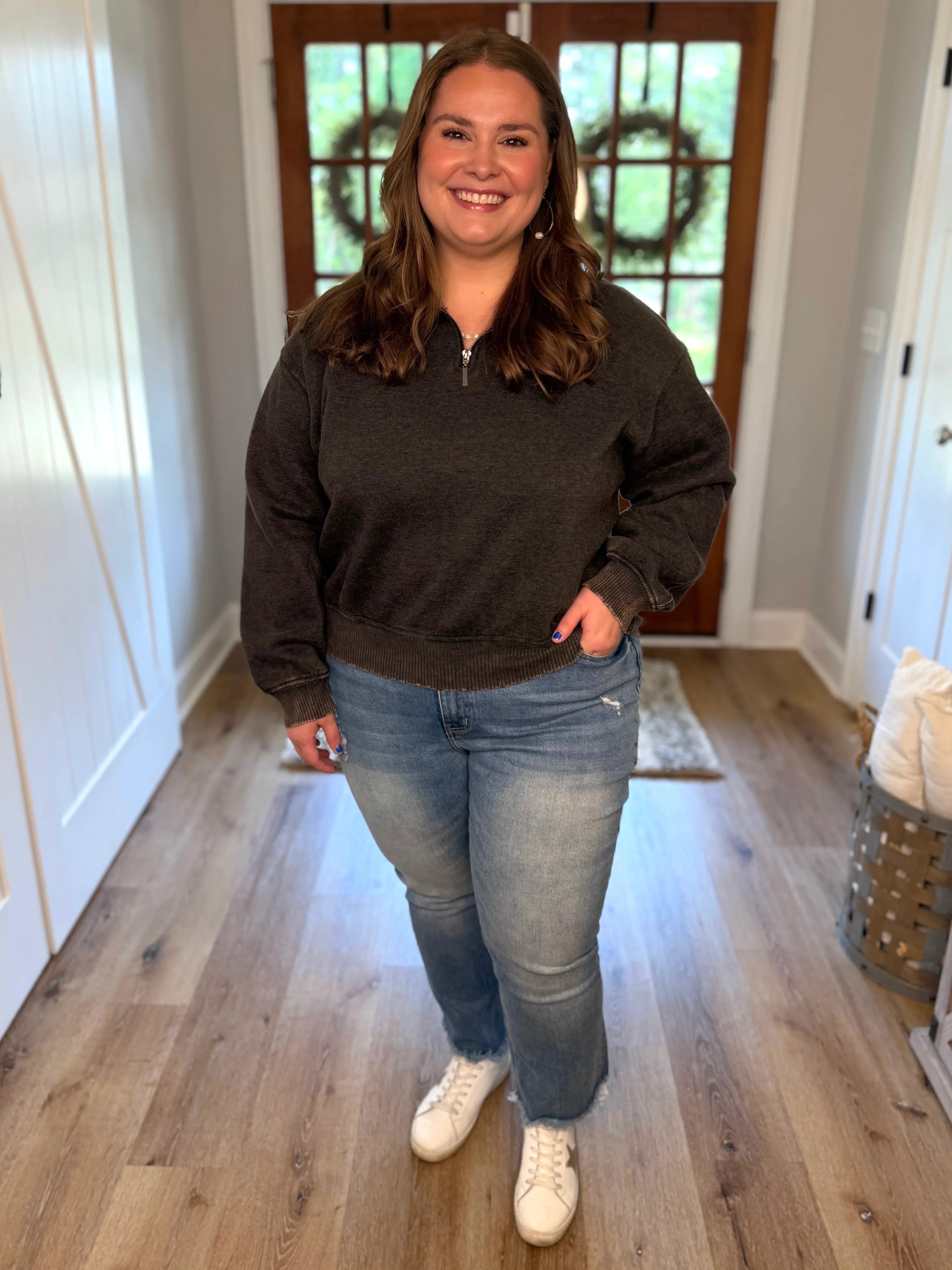 AVERY Plus Size Half Zip Pullover-Acid Washed (Ash Black) - Sassy and Southern