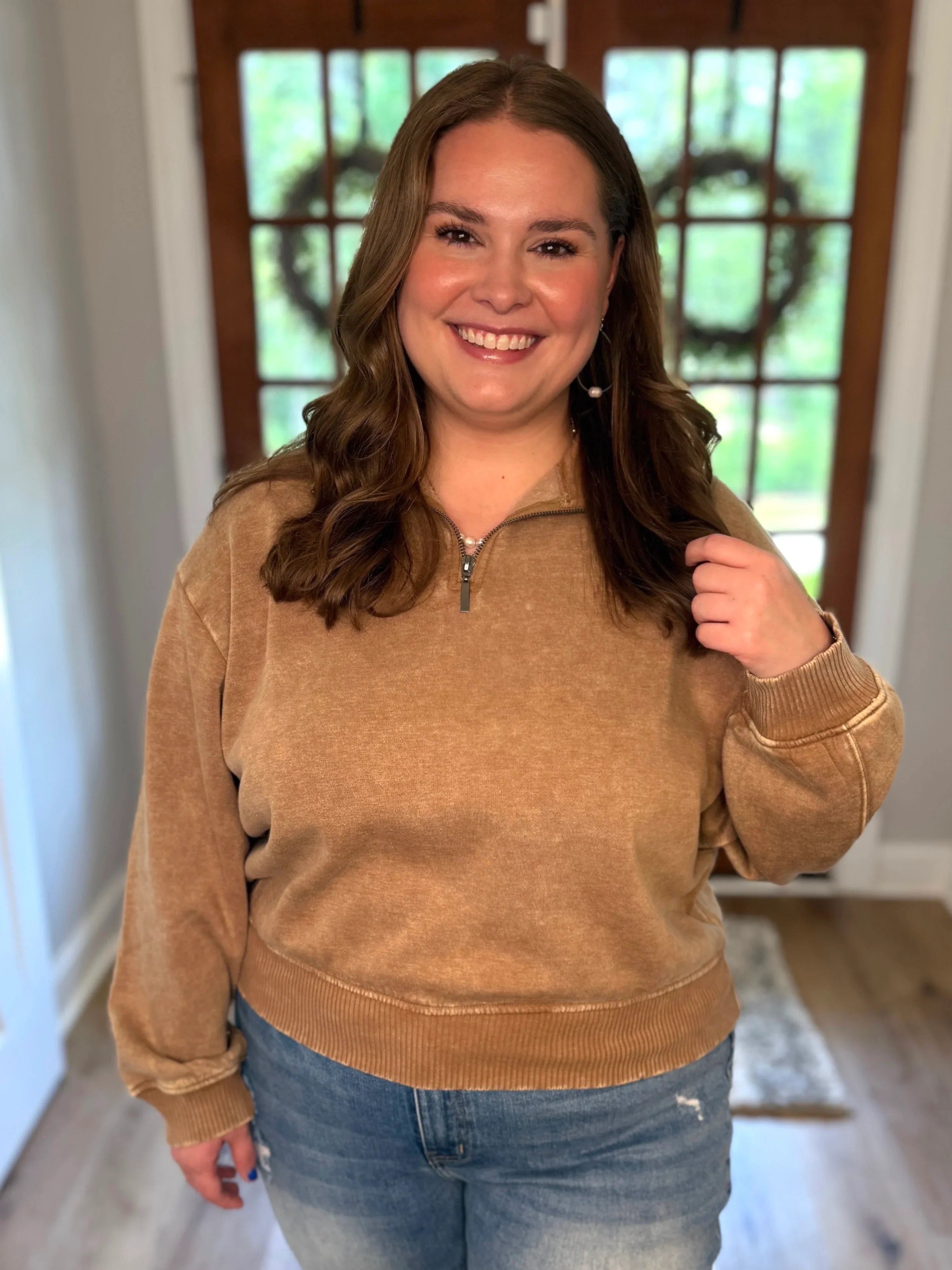 AVERY Plus Size Half Zip Pullover-Acid Washed (Camel) - Sassy and Southern