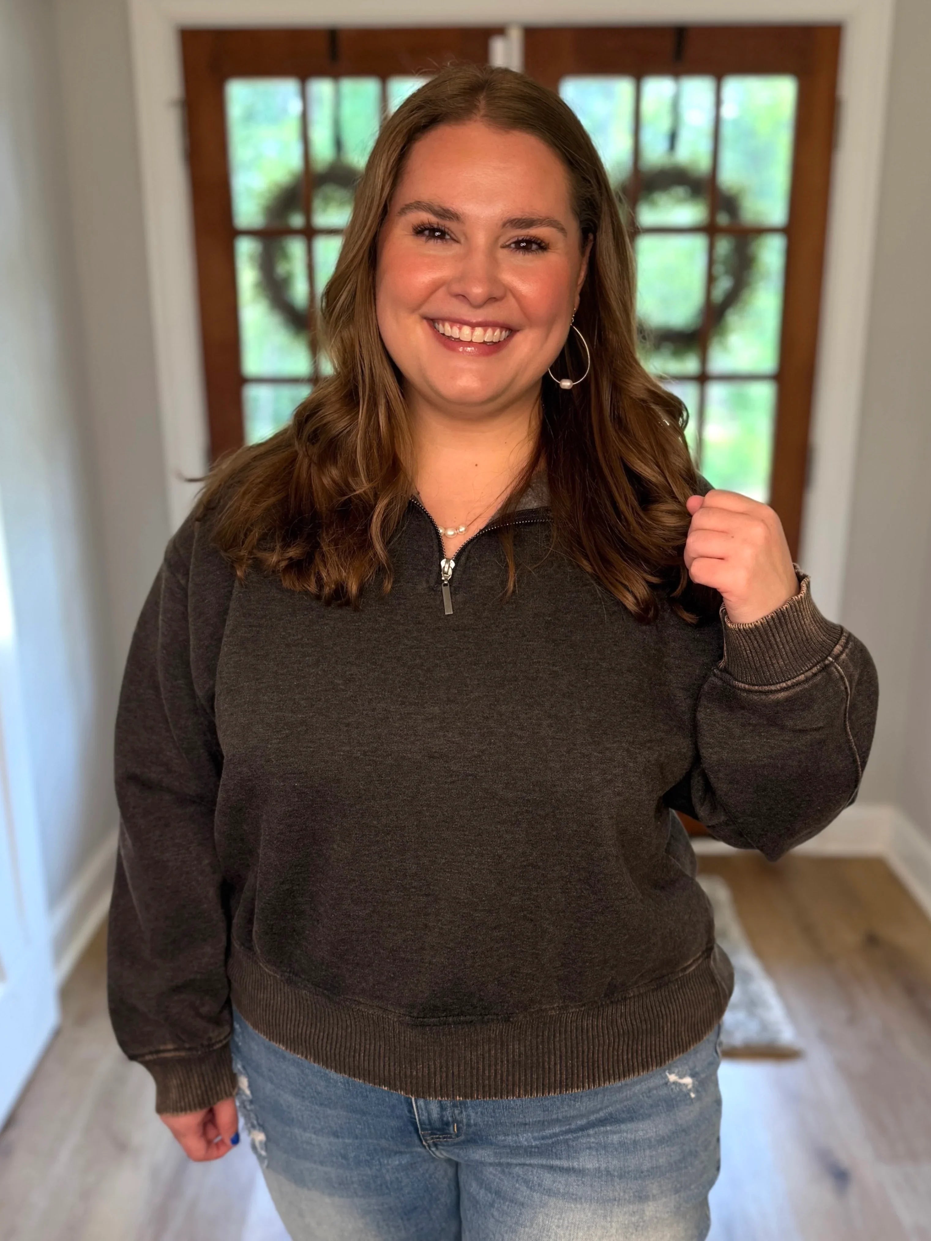 AVERY Plus Size Half Zip Pullover-Acid Washed (Ash Black) - Sassy and Southern