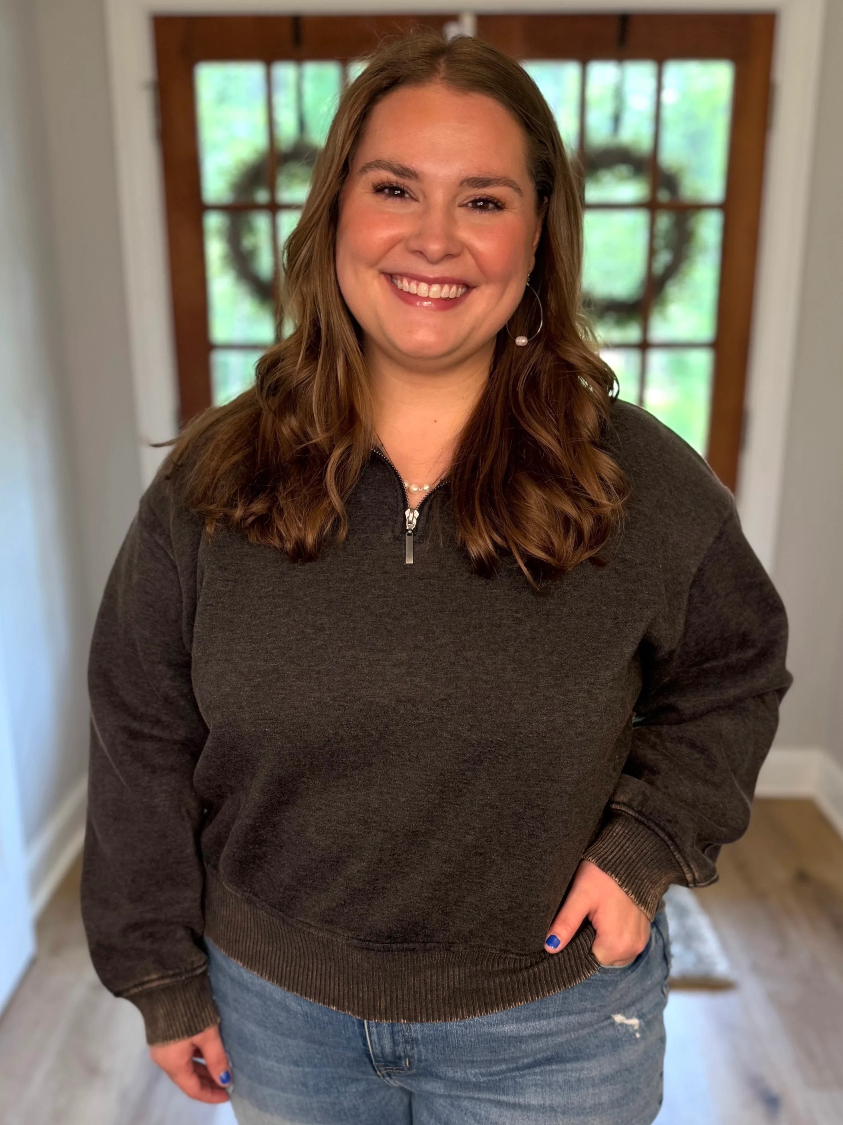 AVERY Plus Size Half Zip Pullover-Acid Washed (Ash Black) - Sassy and Southern