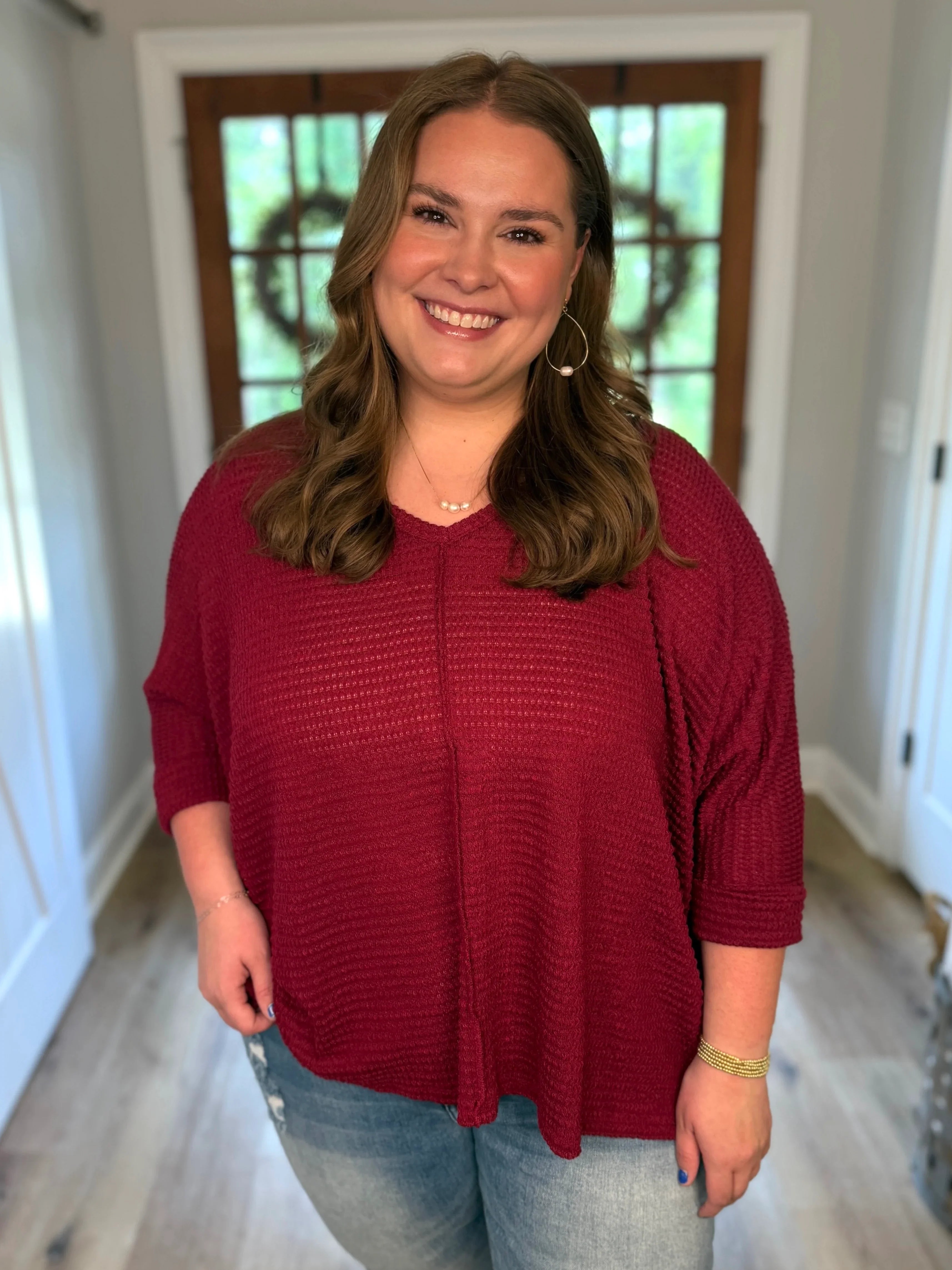 MIA Plus Size 3/4 Sleeve Lightweight Sweater (Burgundy) | Plus