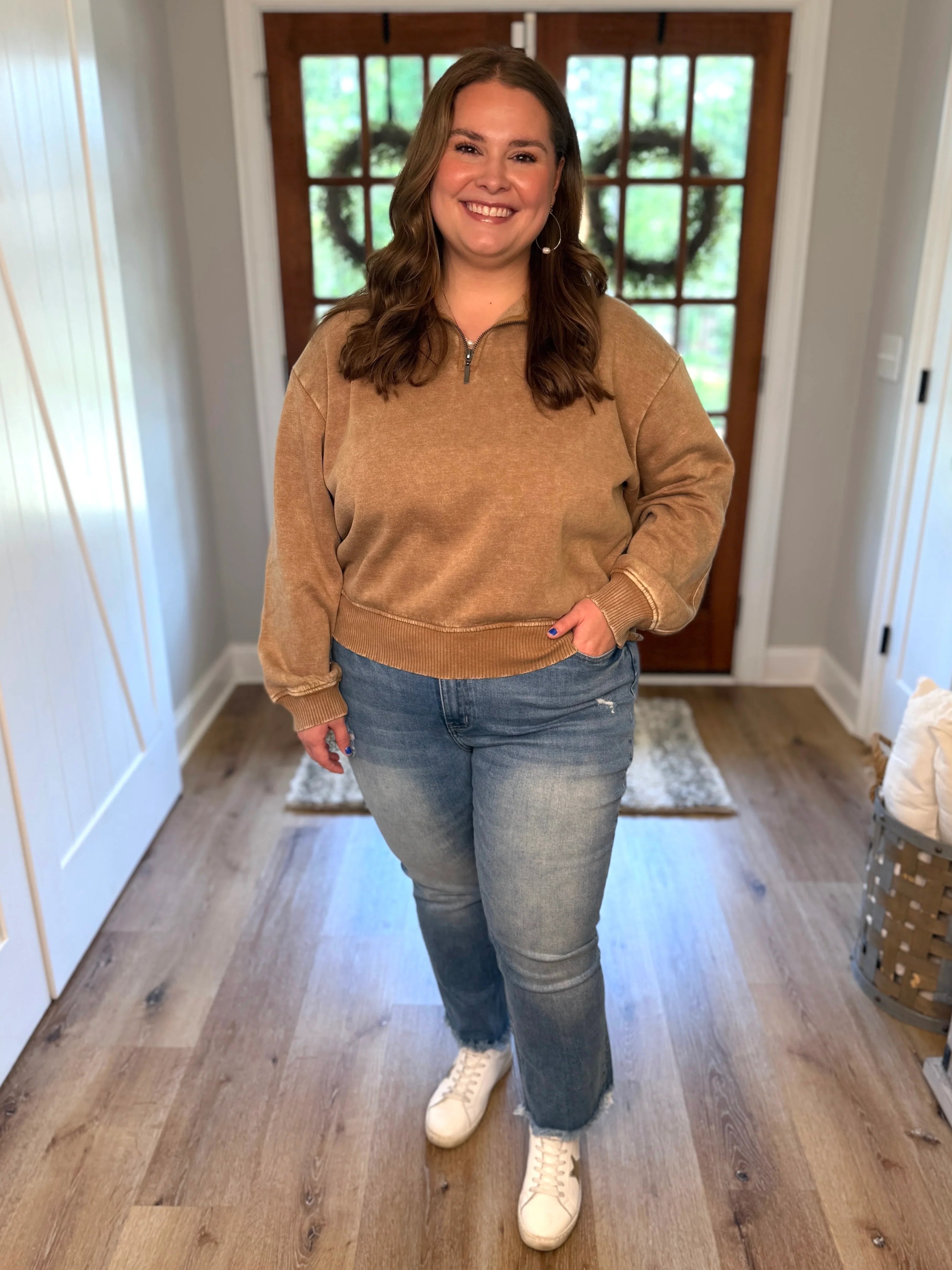 AVERY Plus Size Half Zip Pullover-Acid Washed (Camel) - Sassy and Southern