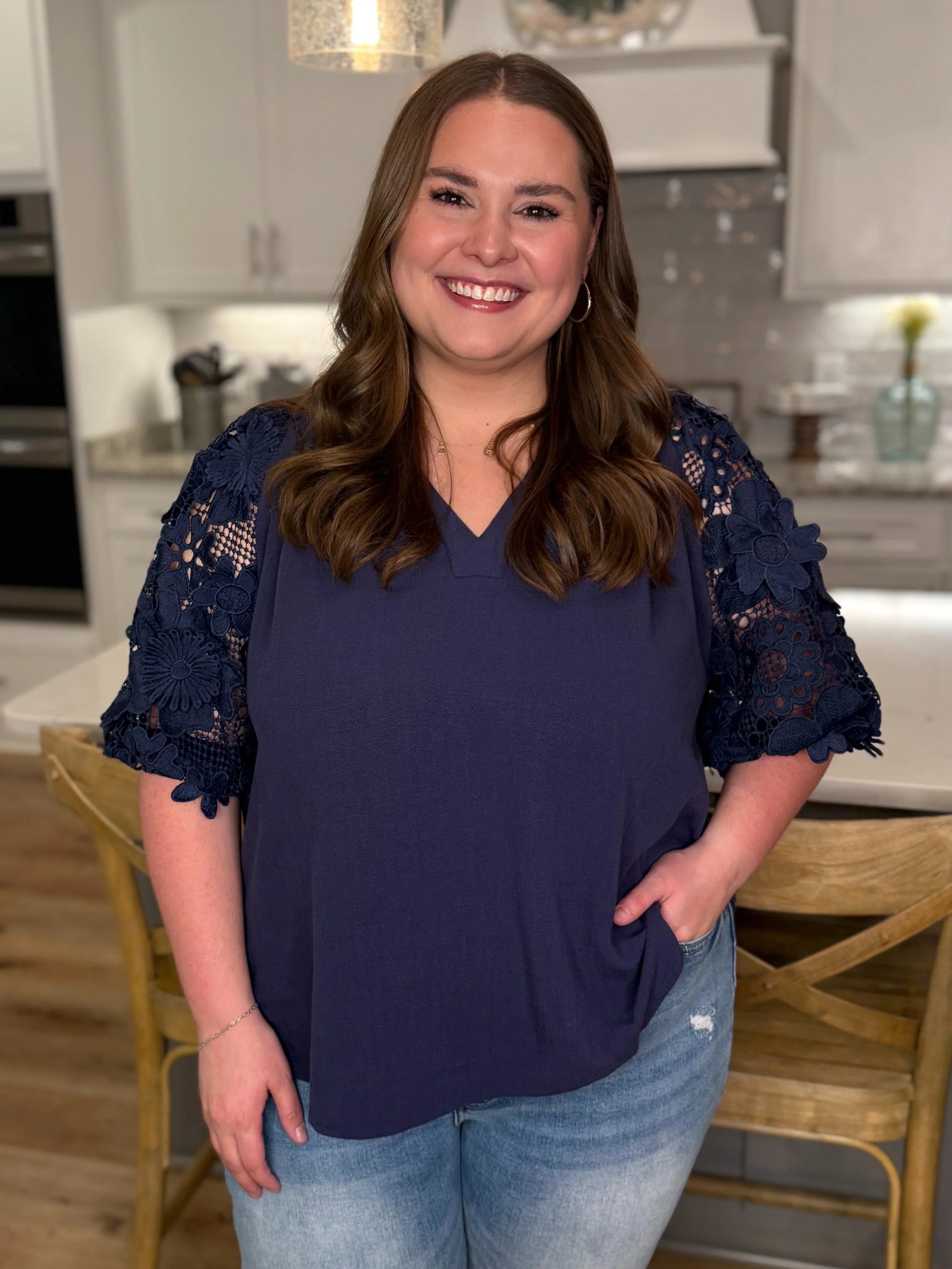 JOSIE Plus Size Floral Cutout Puff Sleeve Top (Navy) | Plus Size